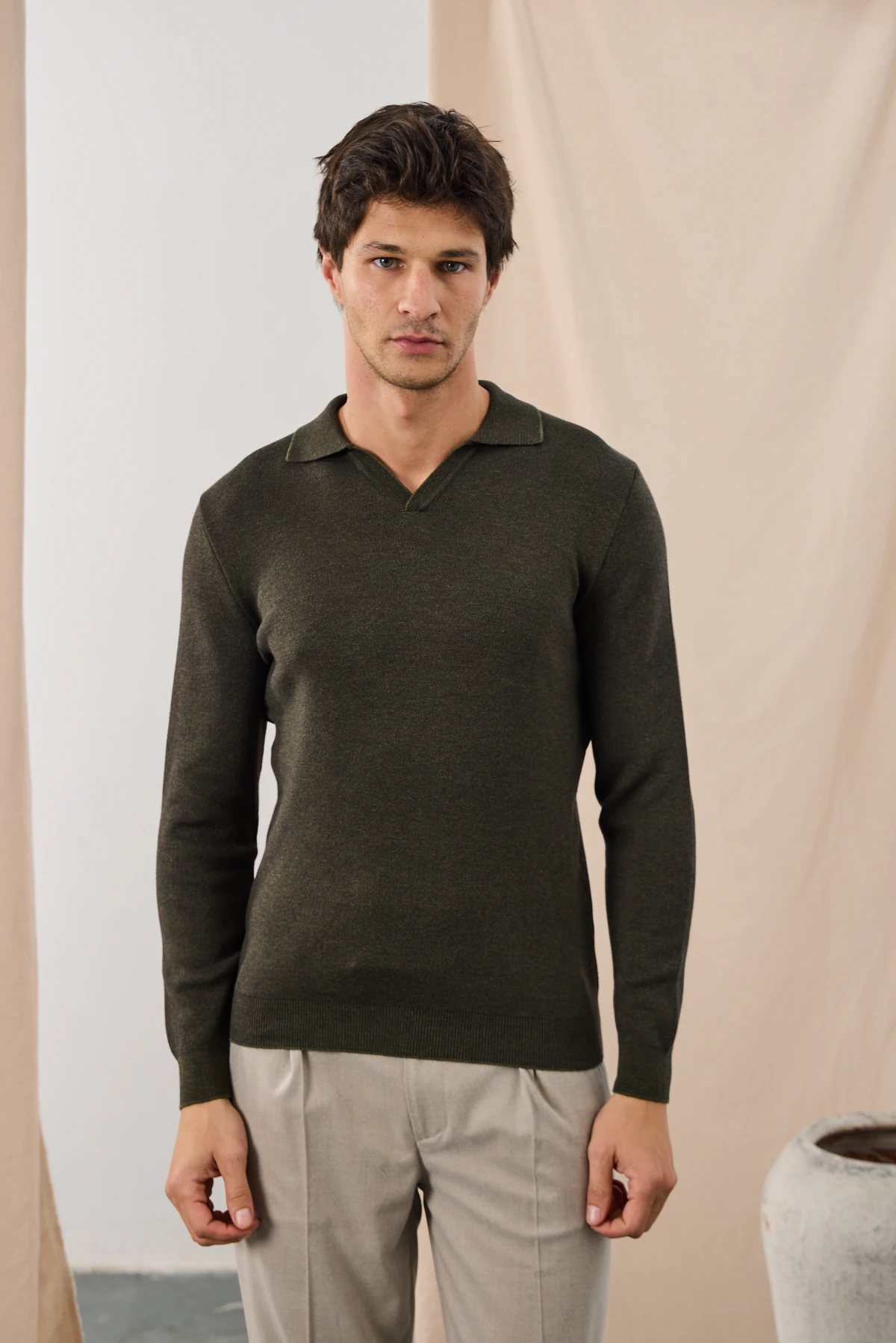 V Polo Yaka Triko - Haki/Kahve