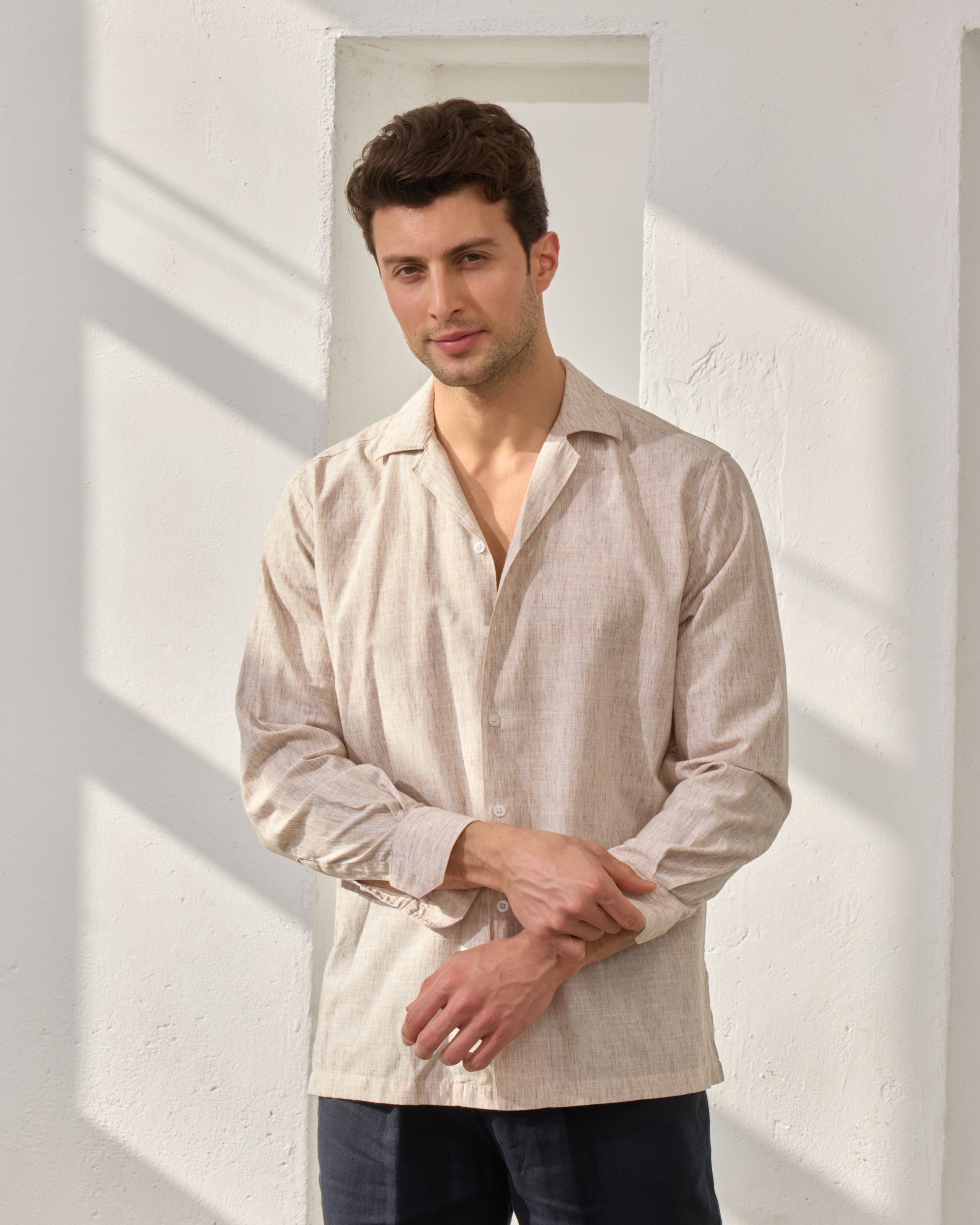 Çizgi Detaylı Relaxed Fit Keten Gömlek - Kahverengi
