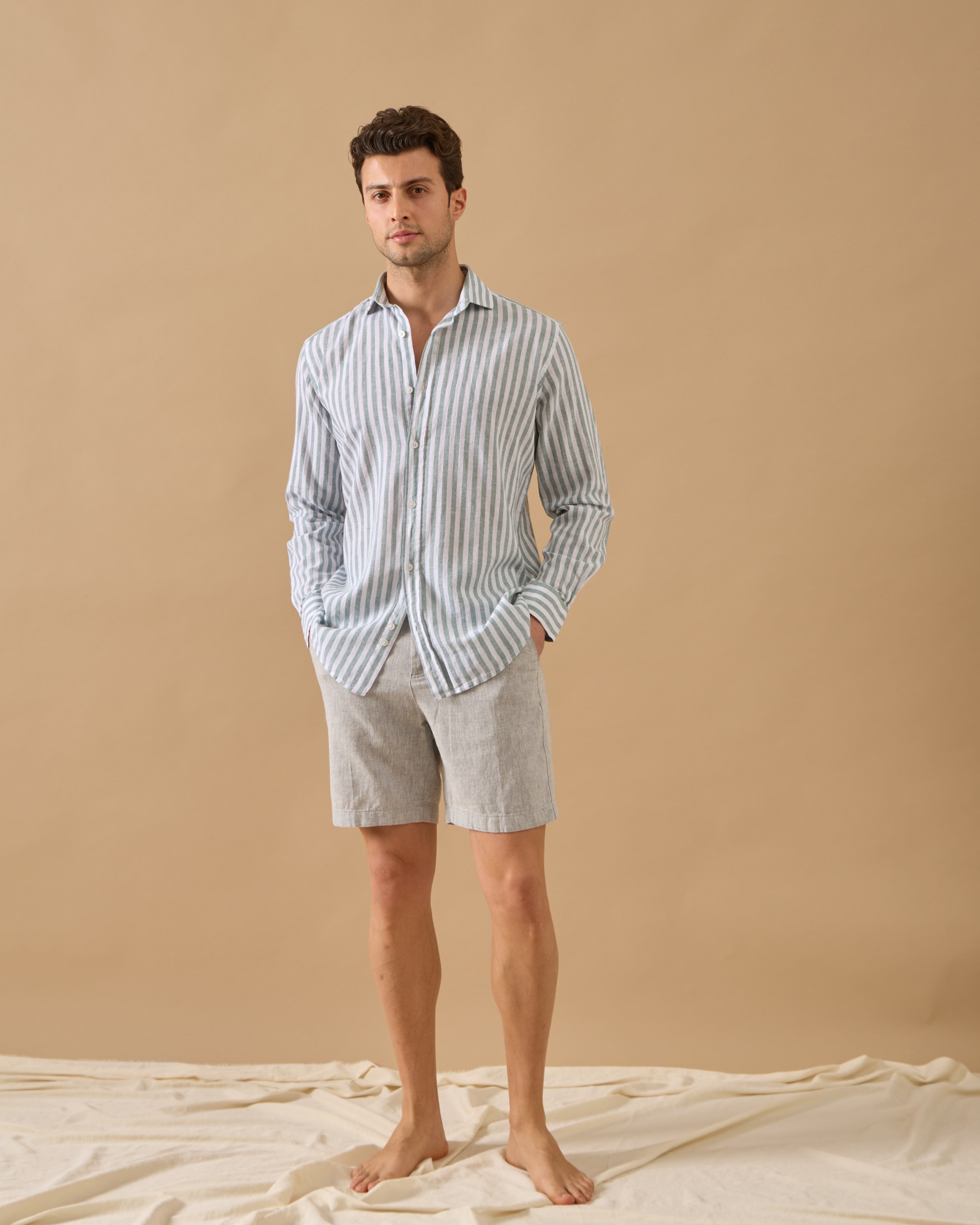 Arkası Lastikli Regular Fit Keten Şort - indigo