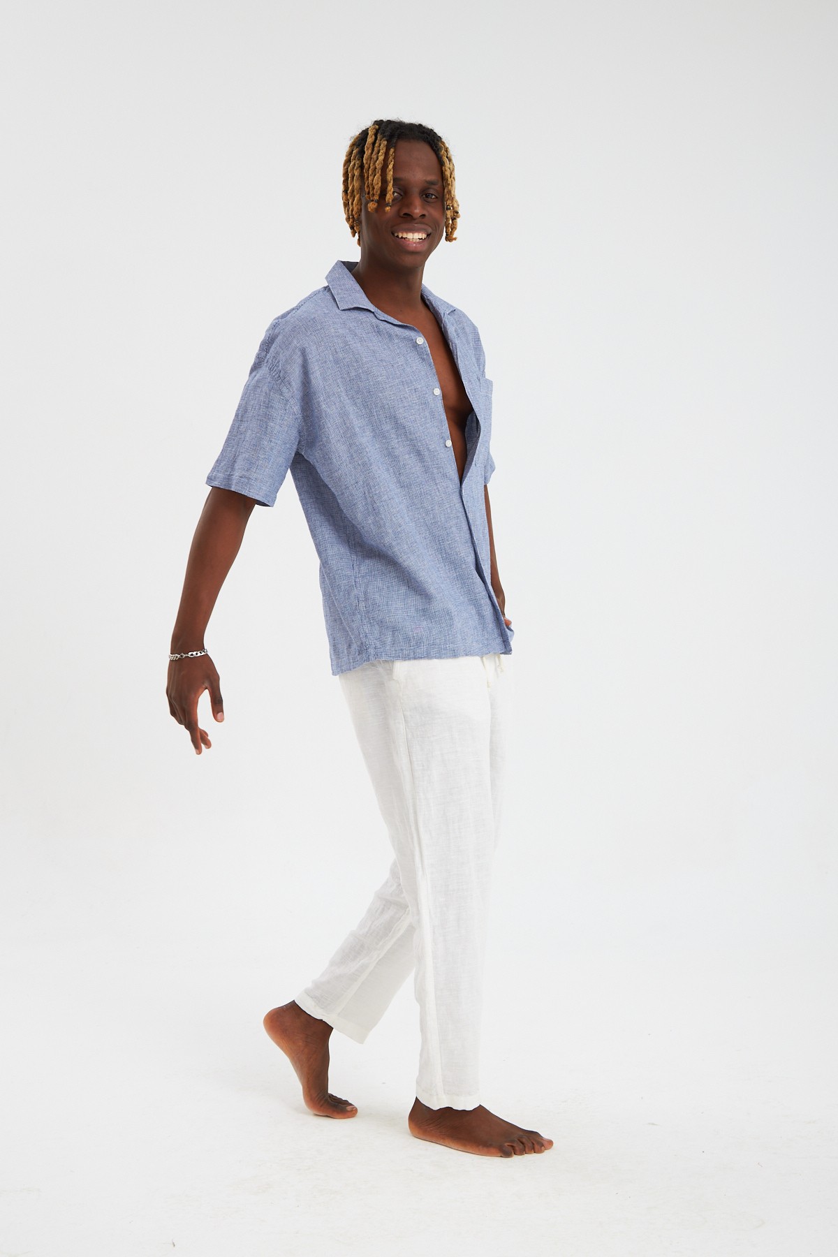 Piti Kare Casual Fit Oversize Keten Gömlek - Lacivert