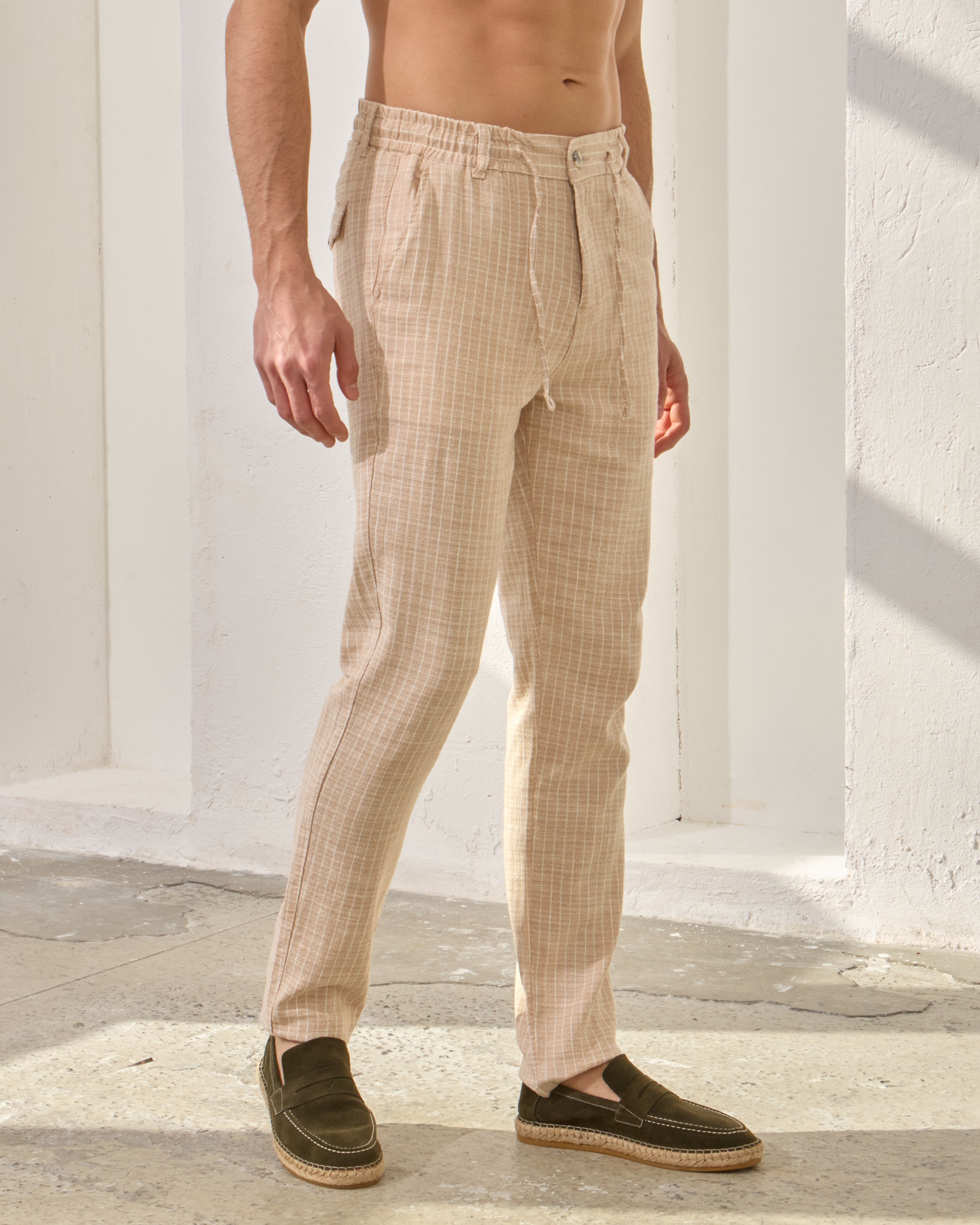 Lastikli Regular Fit Çizgili Pantolon - Bej