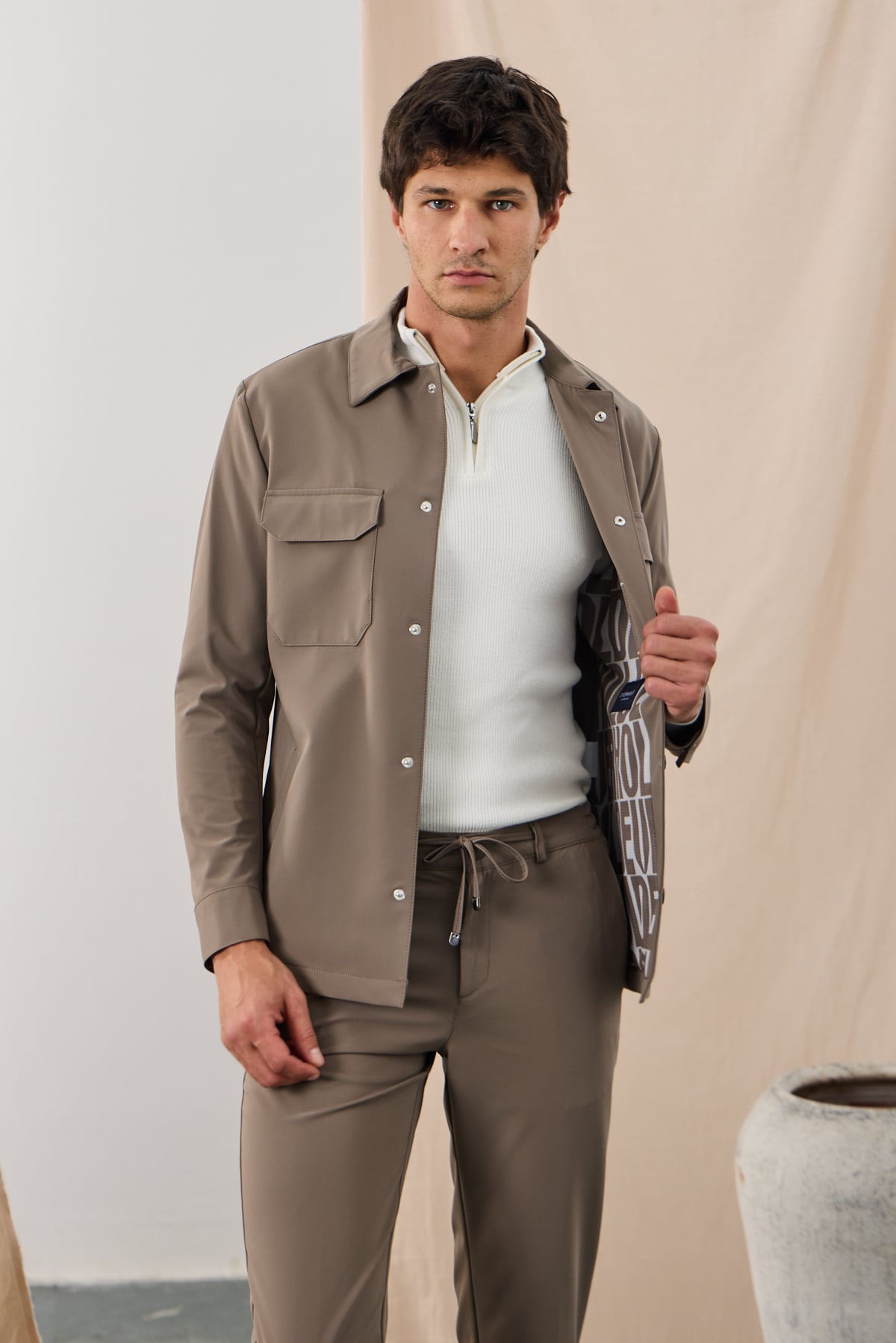 Teknik Dokulu Overshirt Ceket - Karamel