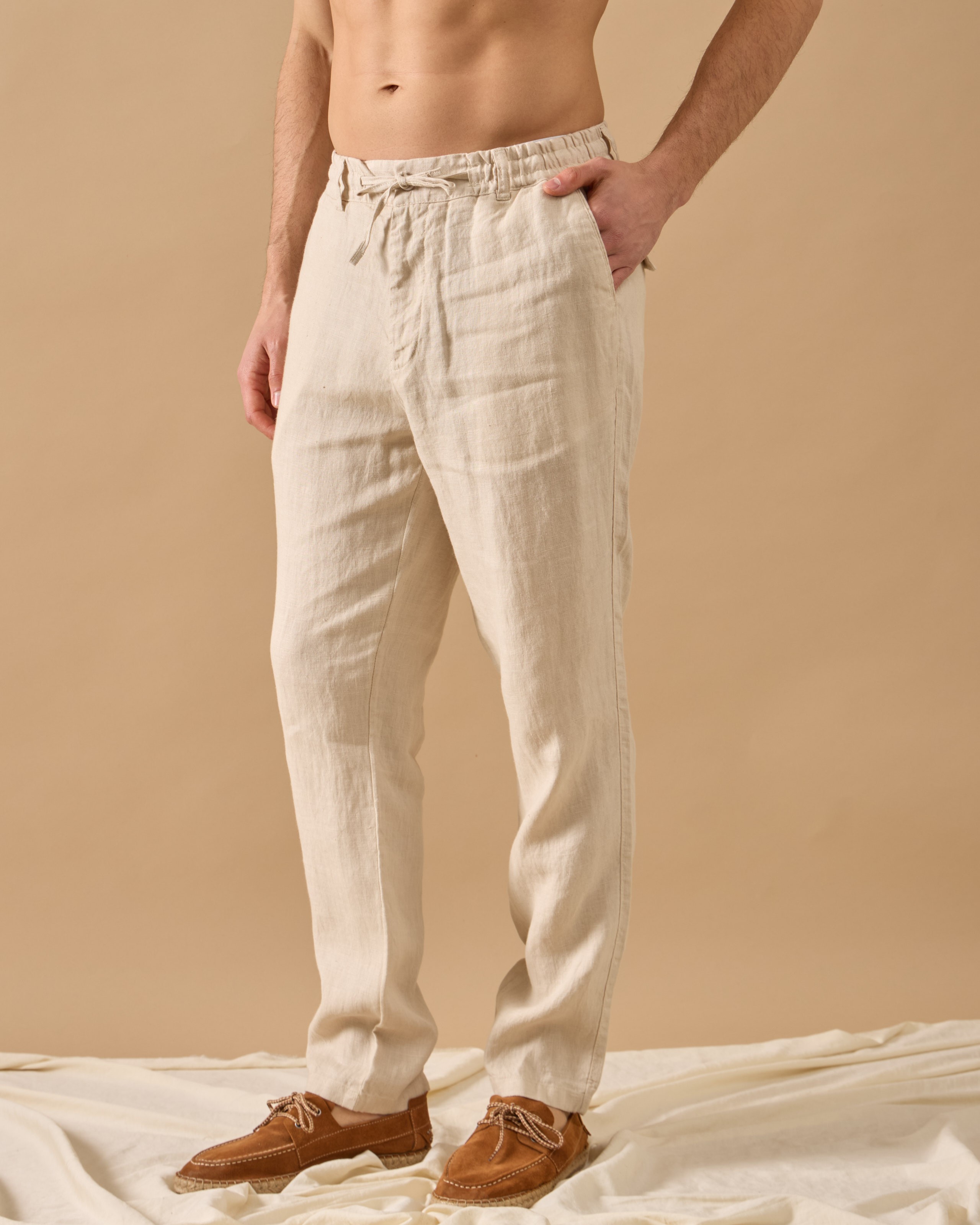 %100 Keten Lastikli Regular Fit Pantolon - Bej