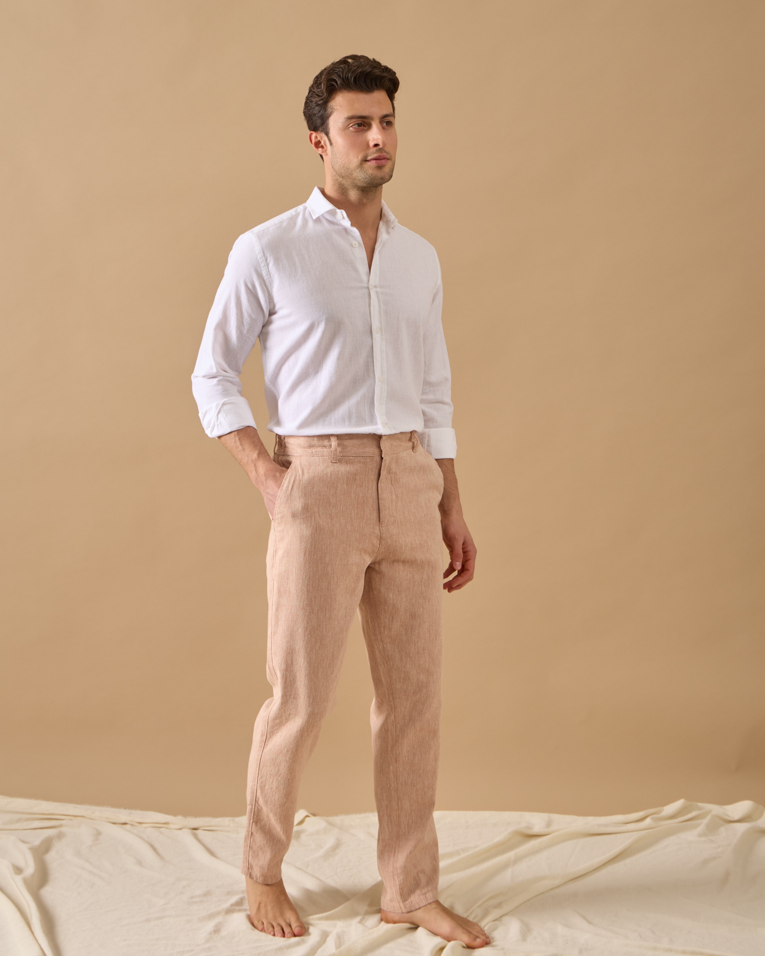 Arkası Lastikli Regular Fit Keten Pantolon - Kiremit