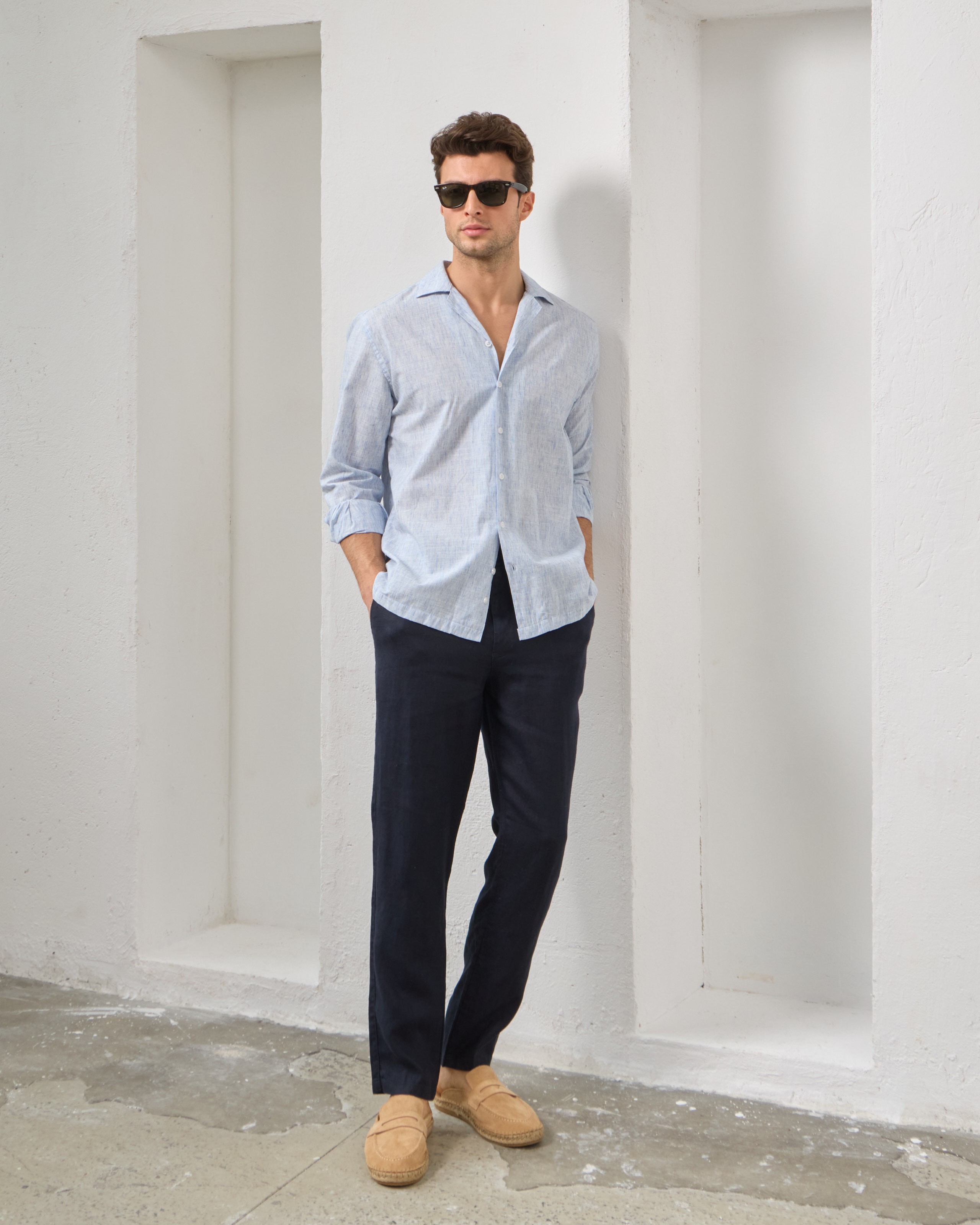 %100 Keten Lastikli Regular Fit Pantolon - Lacivert