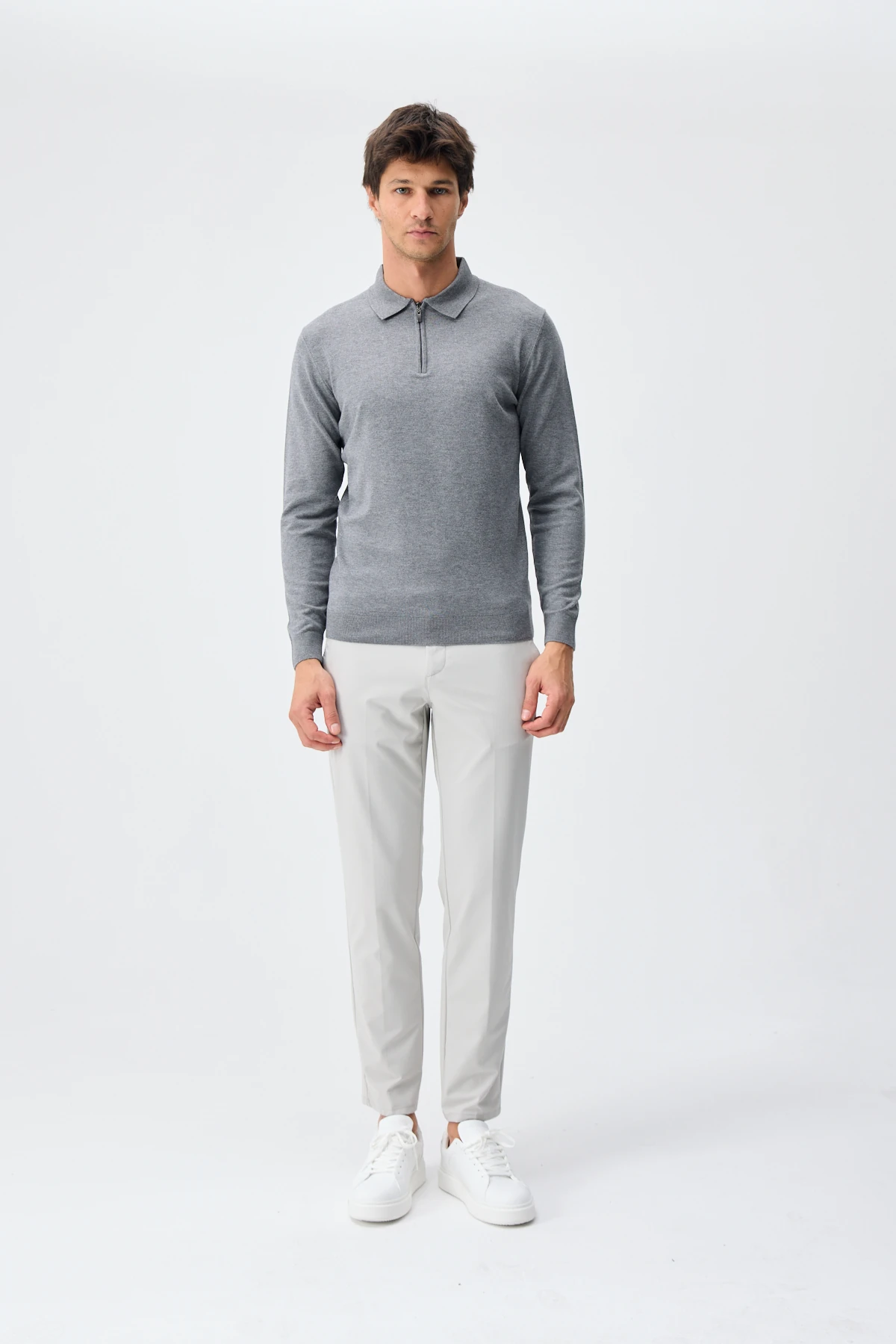 Kaşmir Karışımlı Fermuarlı Polo Yaka Triko - M.Gri