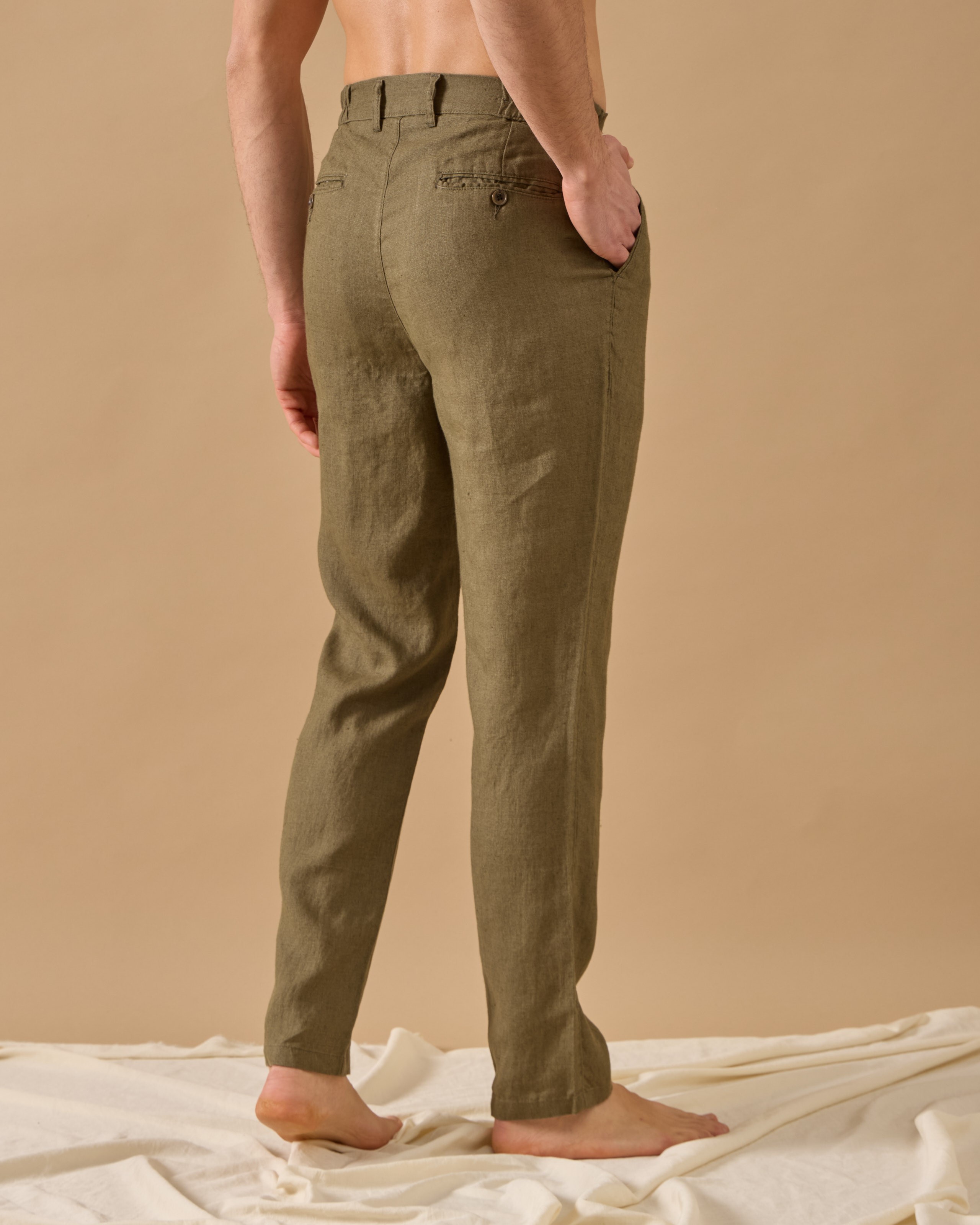 %100 Keten Pileli Regular Fit Pantolon - Haki