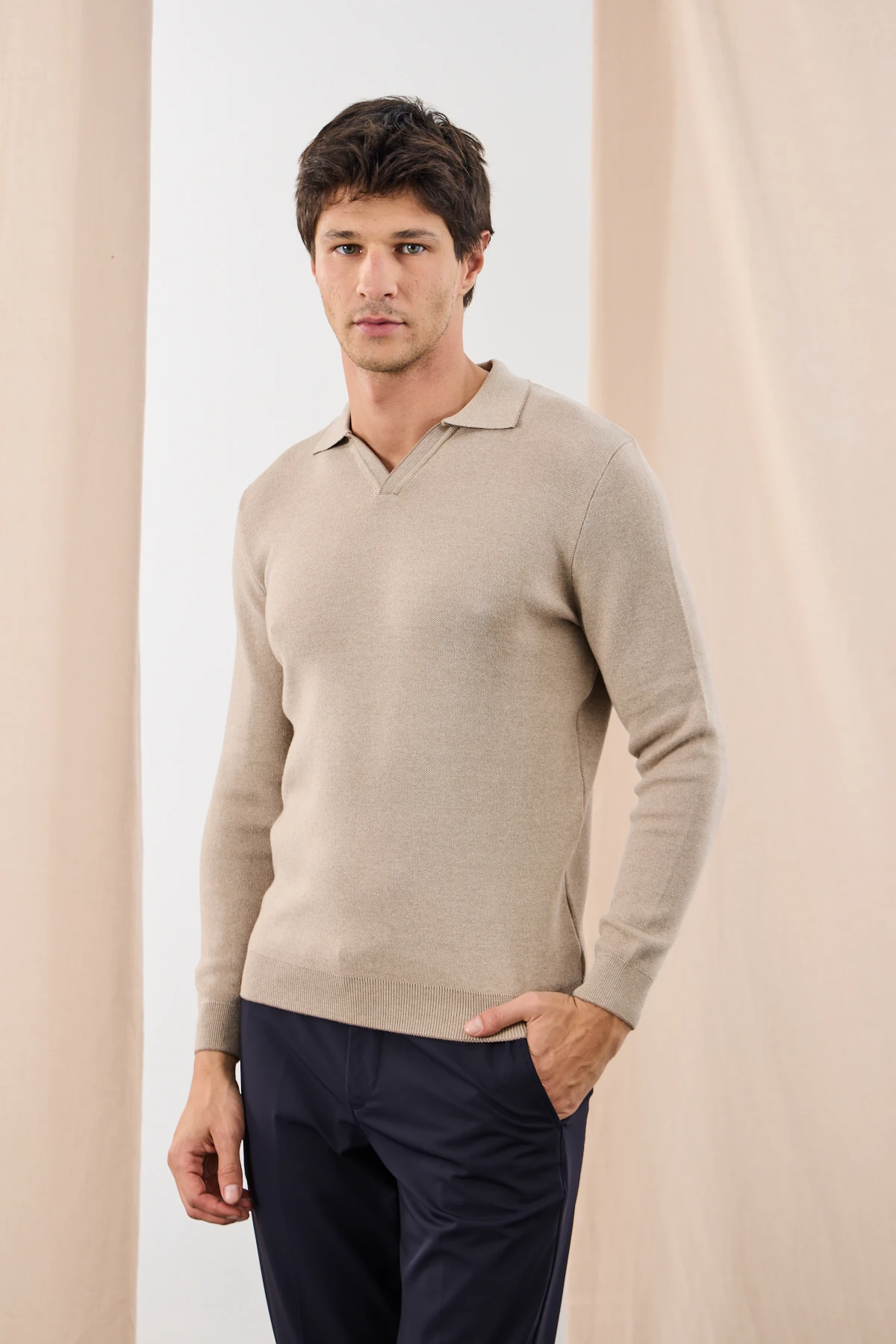 V Polo Yaka Triko - A.Vizon/Bej