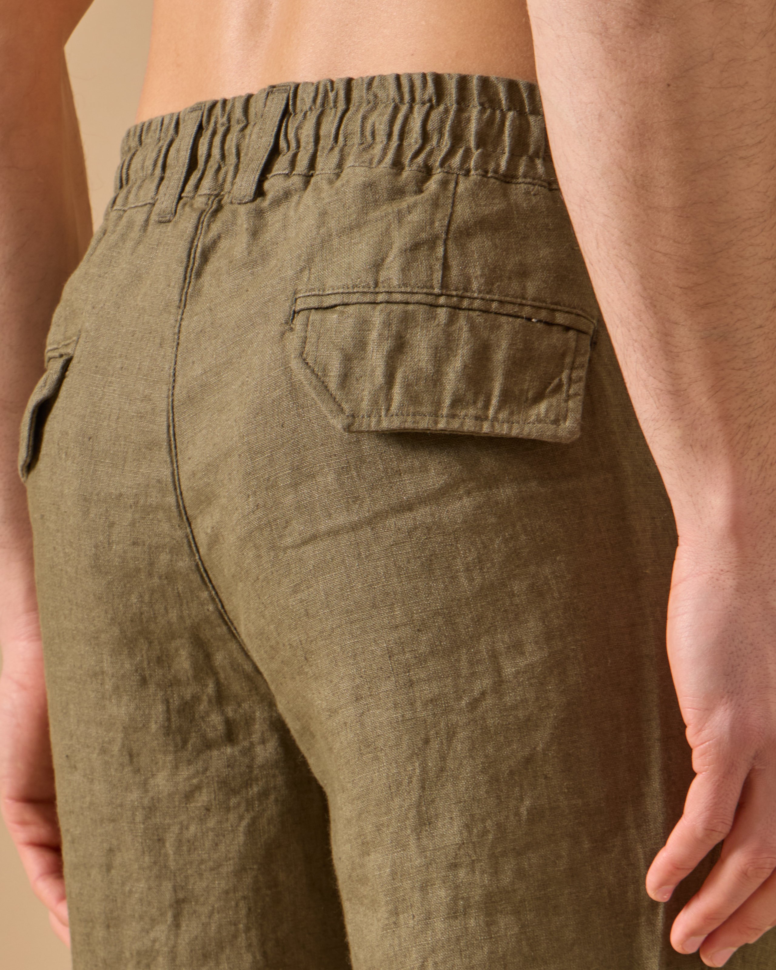 %100 Keten Lastikli Regular Fit Pantolon - Haki