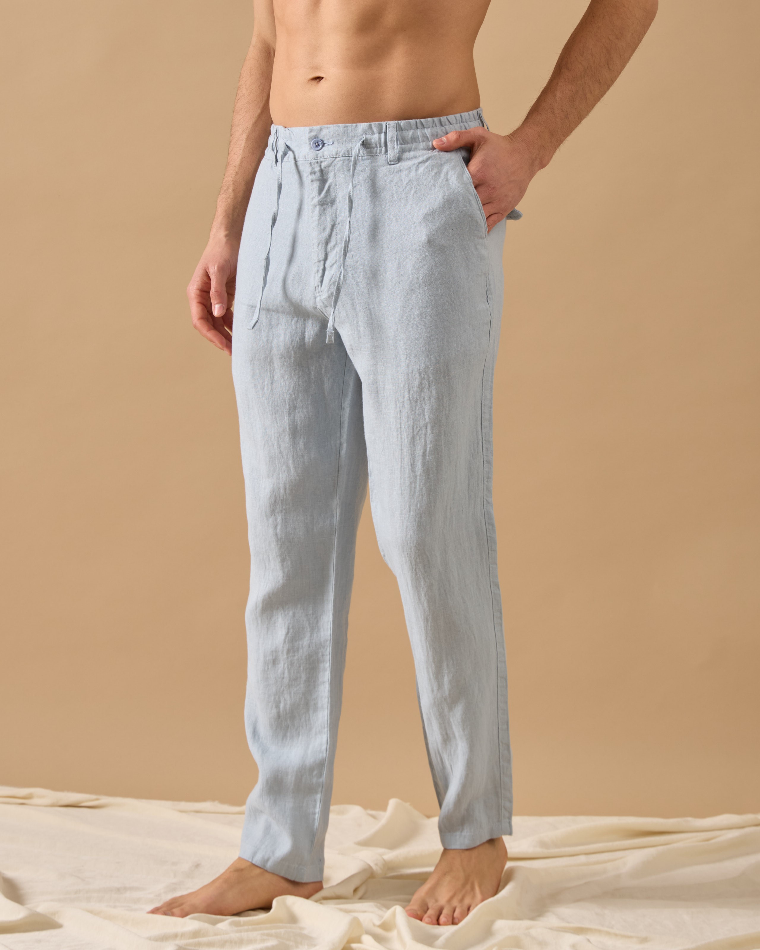 %100 Keten Lastikli Regular Fit Pantolon - mavi