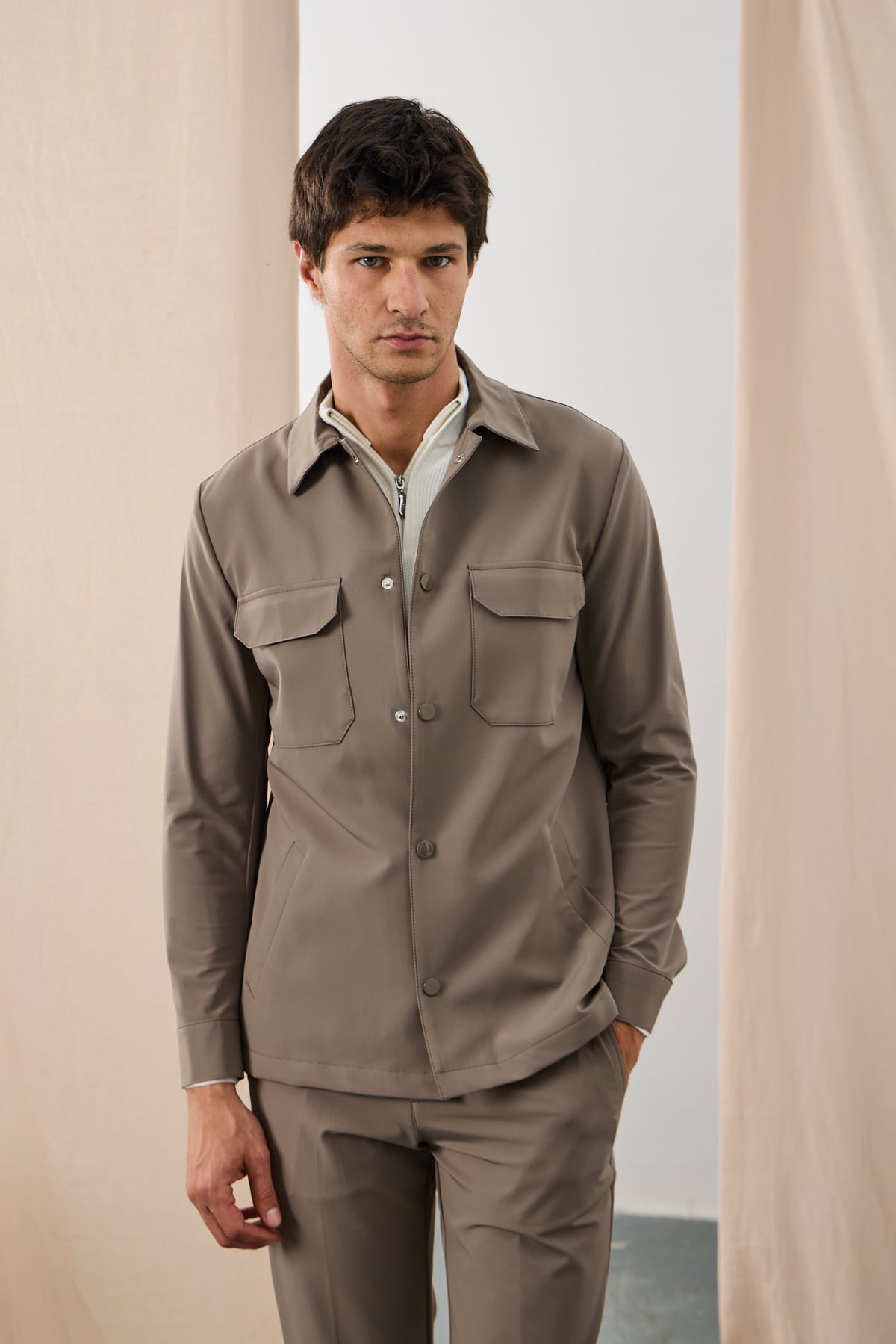 Teknik Dokulu Overshirt Ceket - Karamel