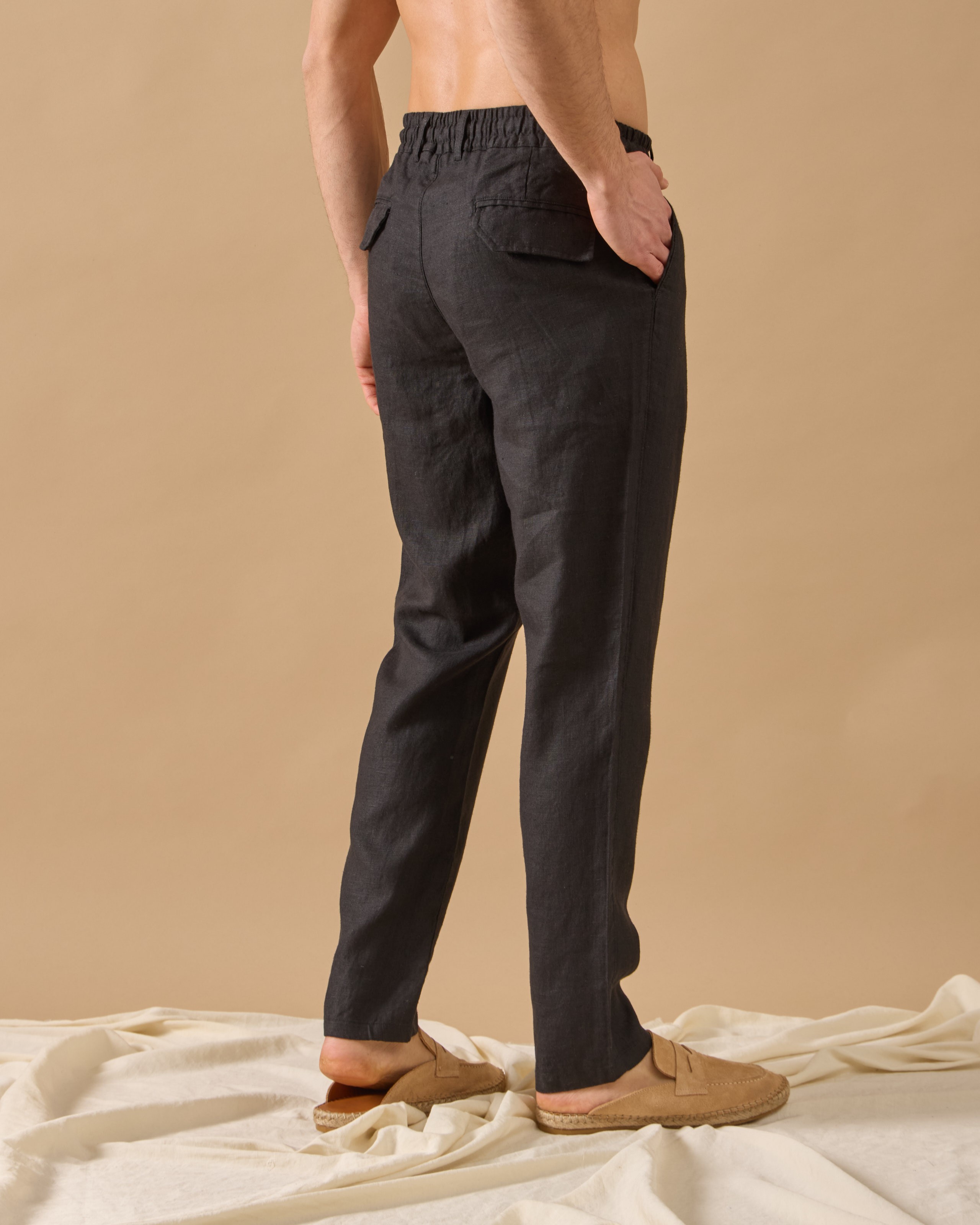 %100 Keten Lastikli Regular Fit Pantolon - Siyah