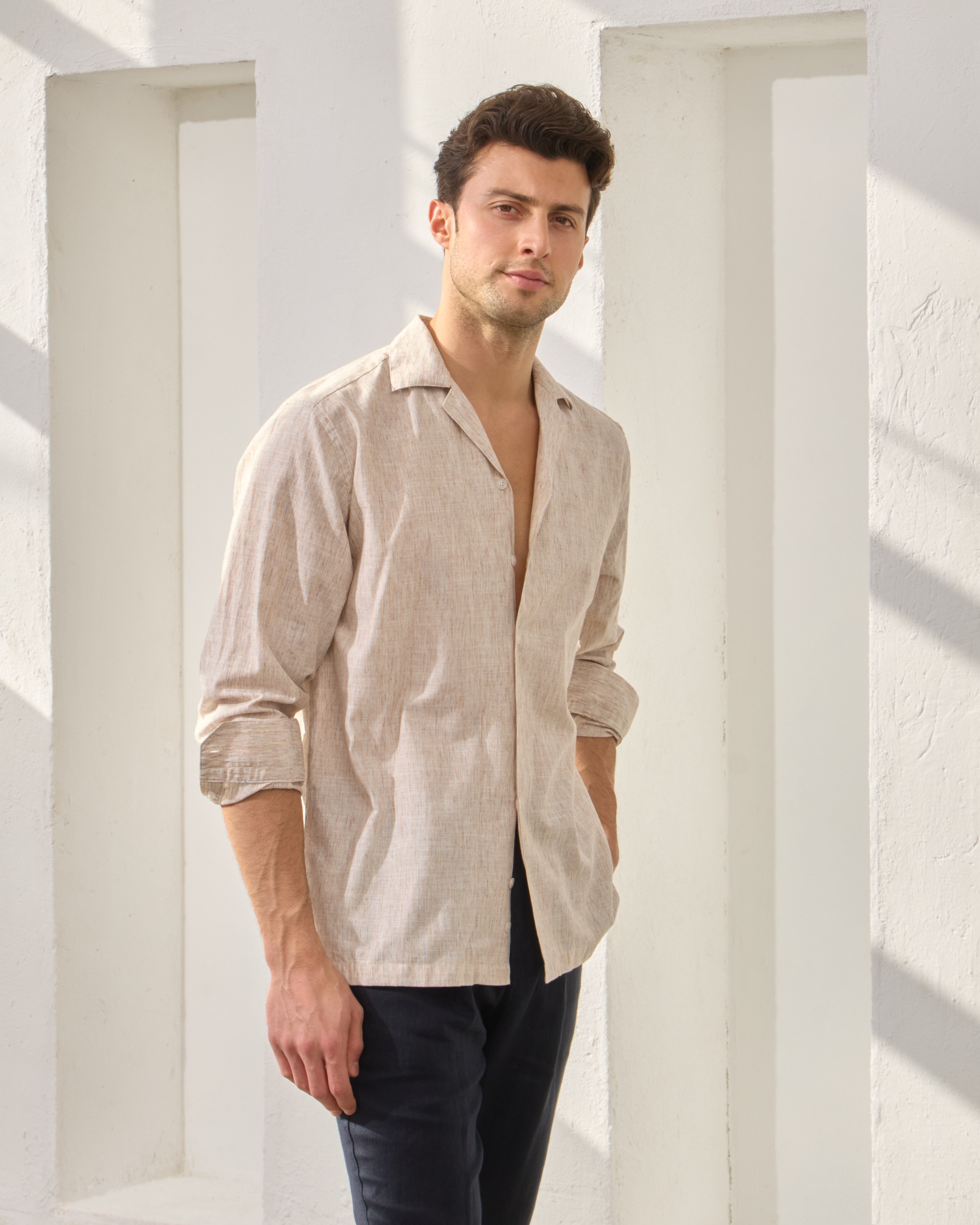 Çizgi Detaylı Relaxed Fit Keten Gömlek - Kahverengi