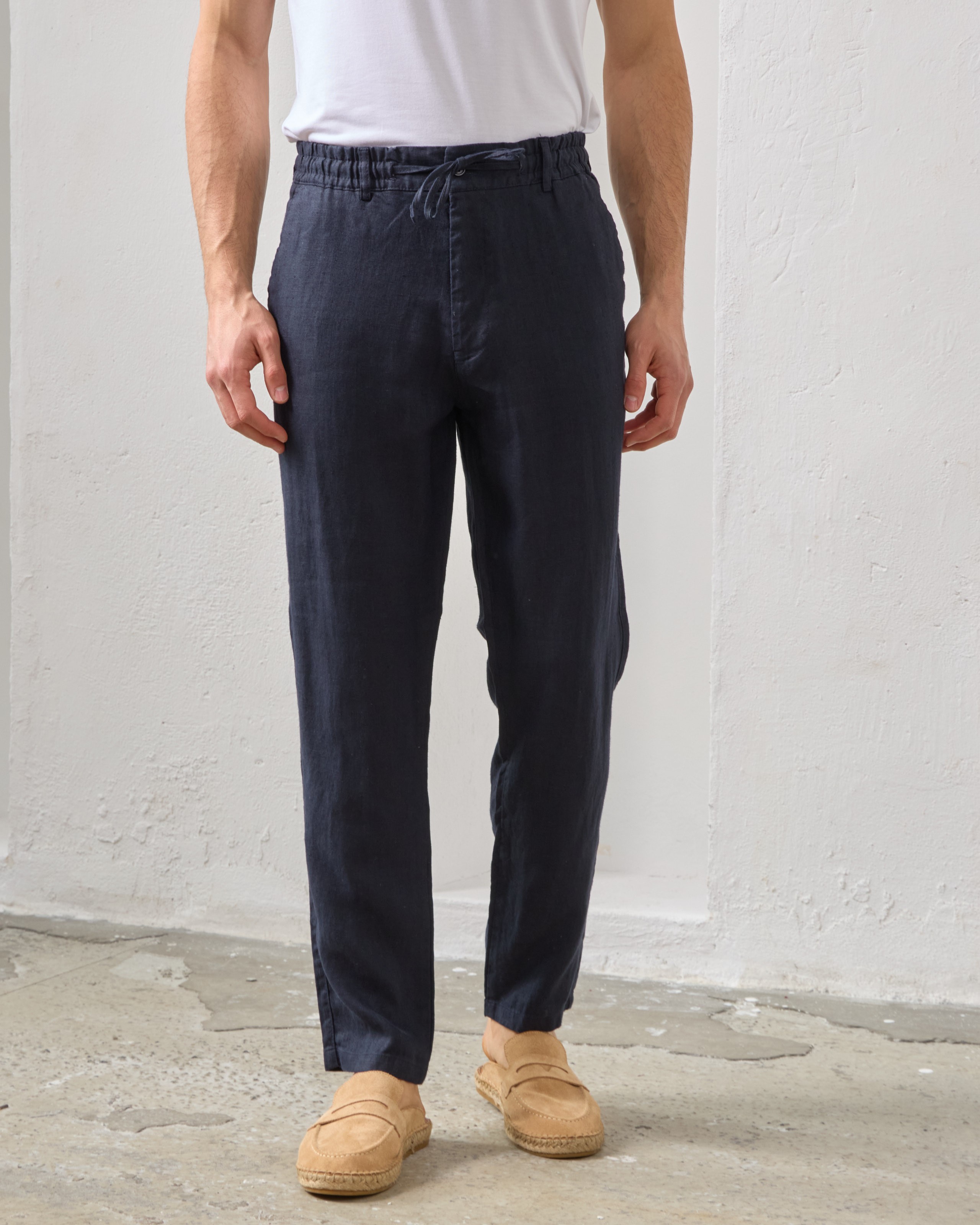 %100 Keten Lastikli Regular Fit Pantolon - Lacivert