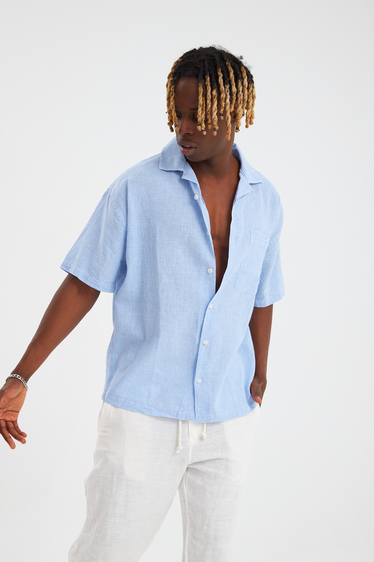 Piti Kare Casual Fit Oversize Keten Gömlek - Açık Mavi