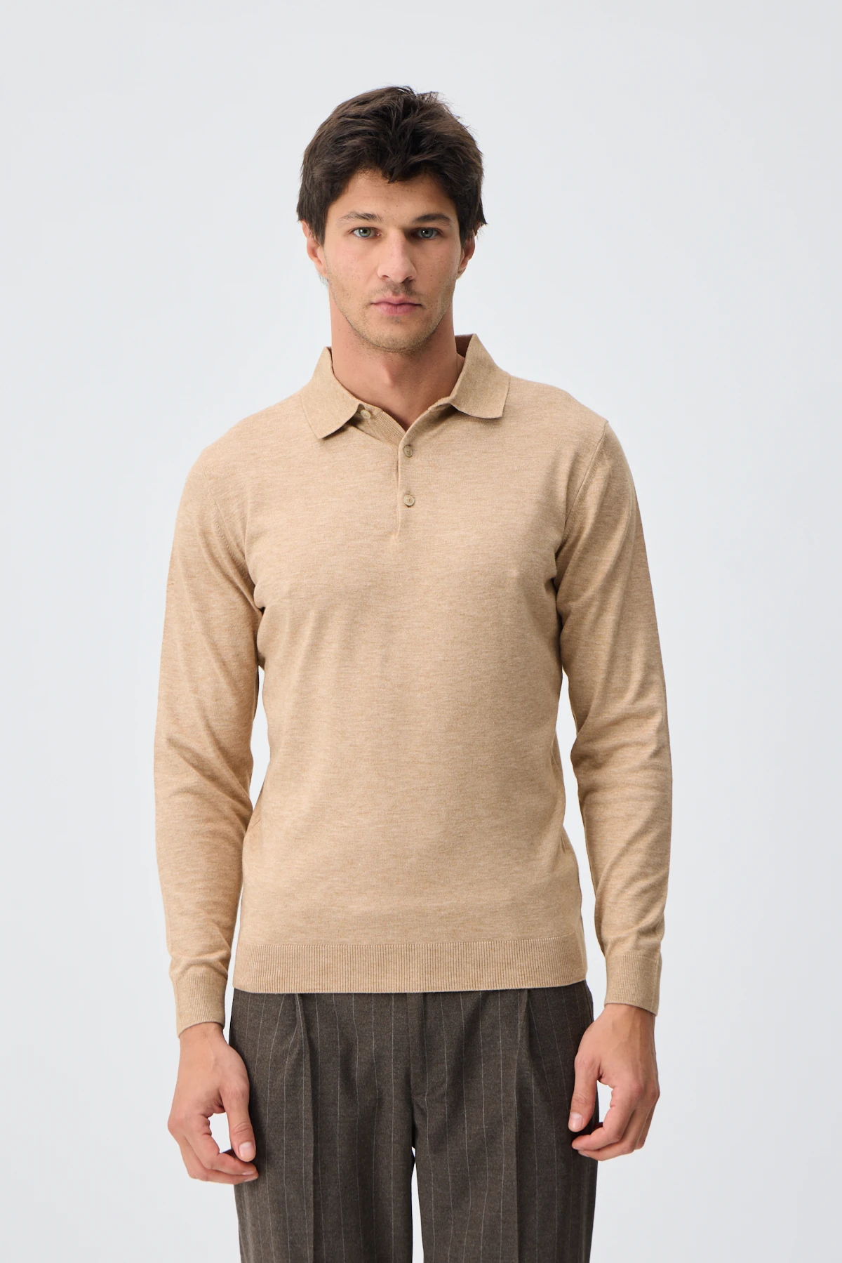 Kaşmir Karışımlı Düğmeli Polo Yaka Triko - Camel