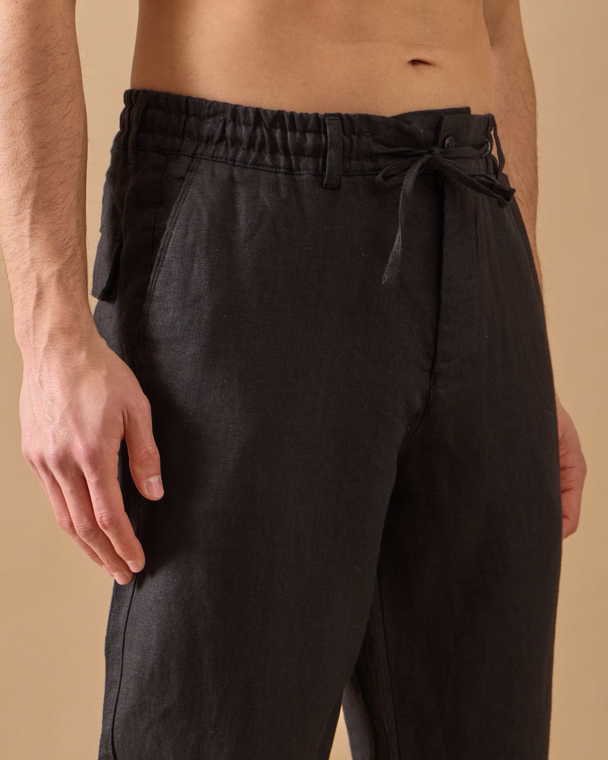 %100 Keten Lastikli Regular Fit Pantolon - Siyah