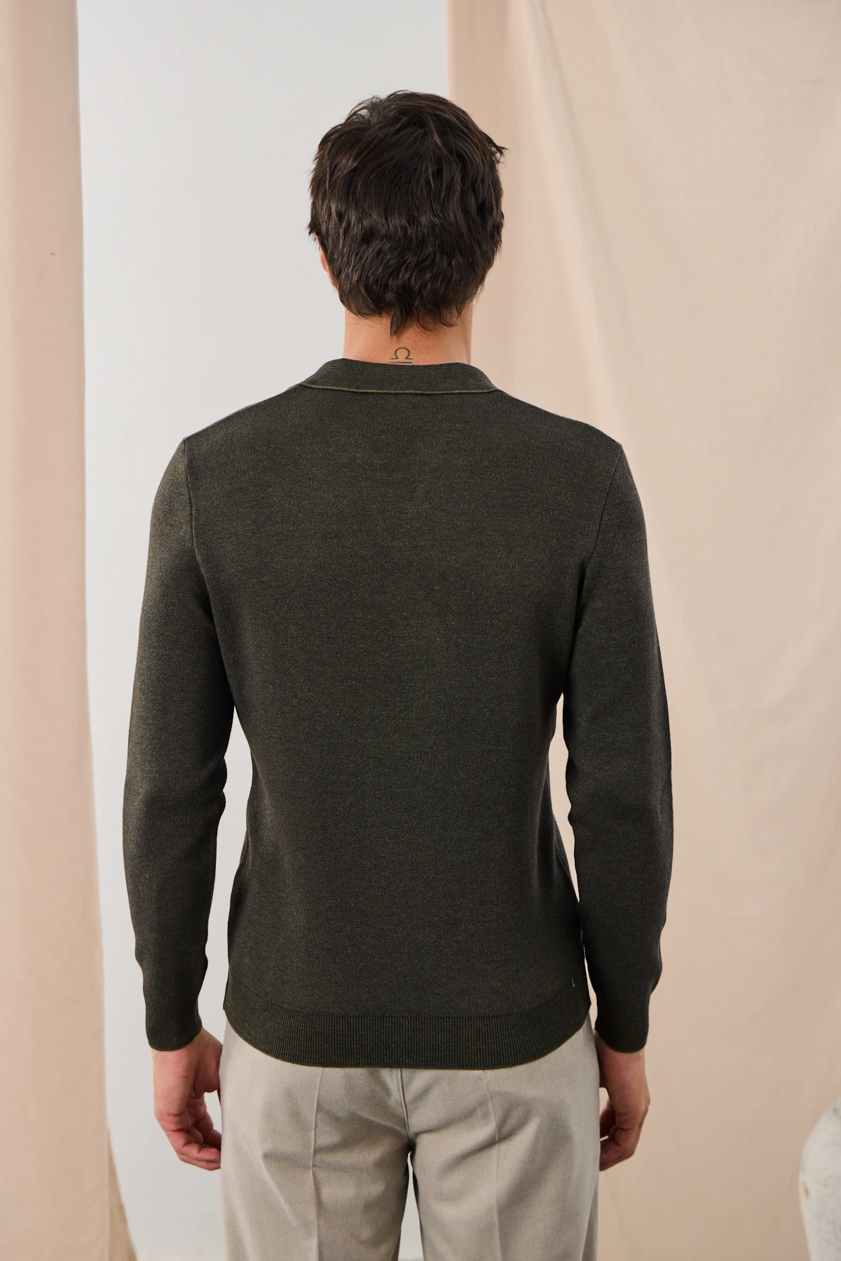 V Polo Yaka Triko - Haki/Kahve