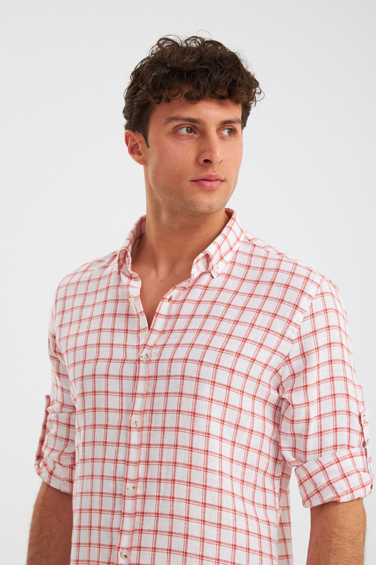 Ekose Casual Fit Keten Gömlek - Kırmızı
