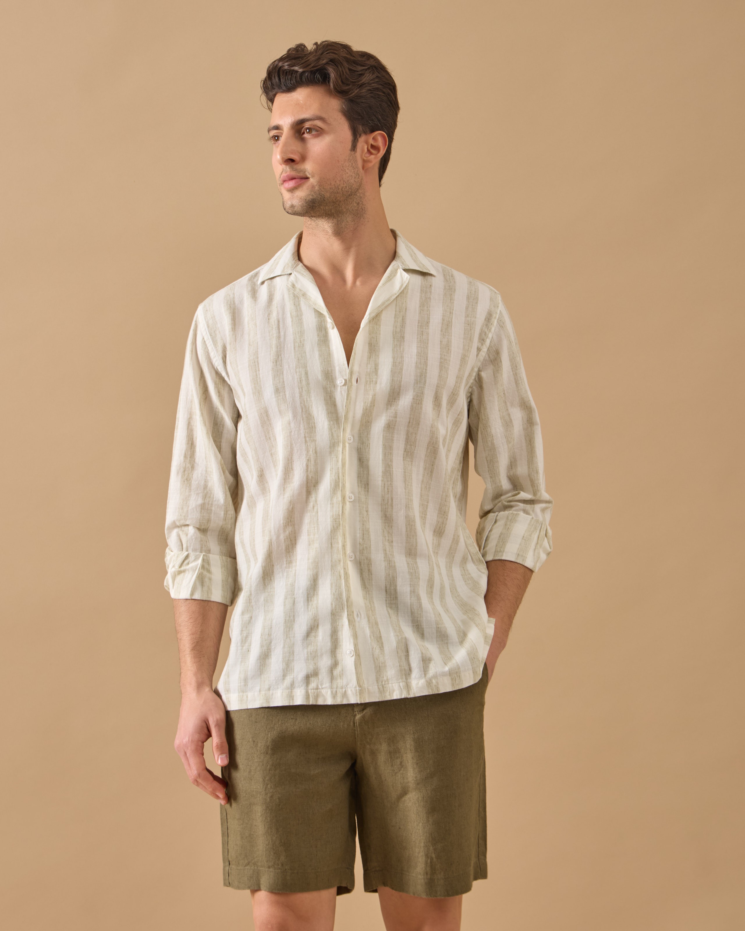 Kalın Çizgili Relaxed Fit Keten Gömlek - Haki
