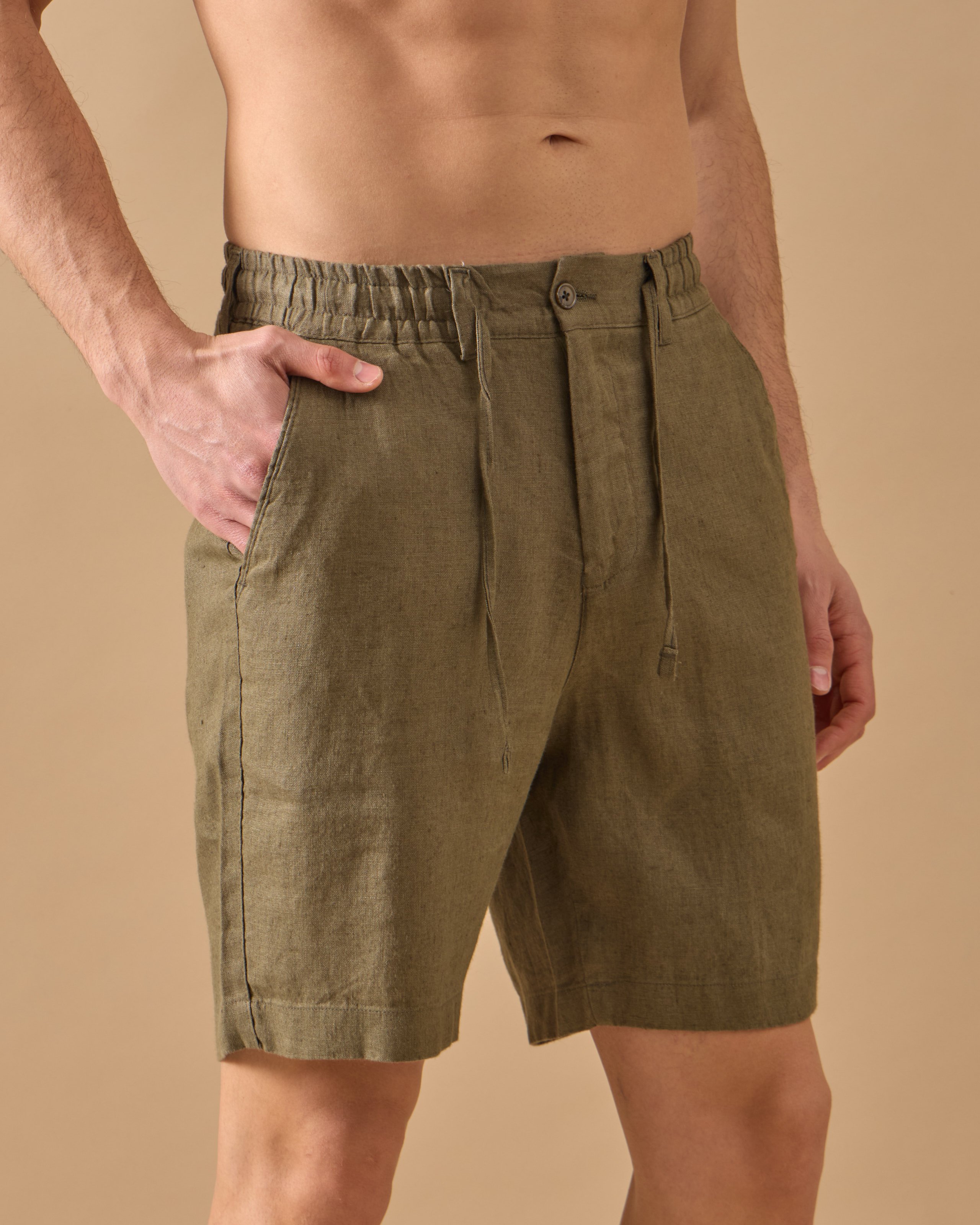 %100 Keten Lastikli Regular Fit Şort - Haki