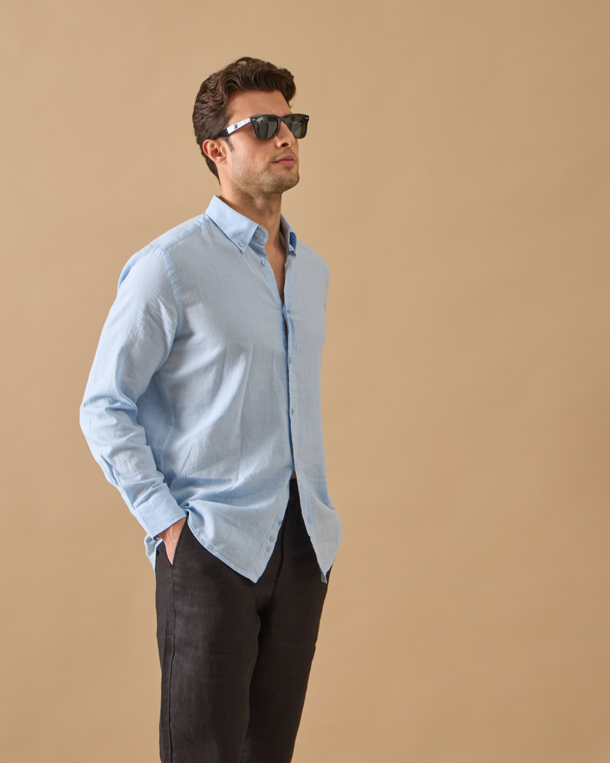 %100 Keten Lastikli Regular Fit Pantolon - Siyah