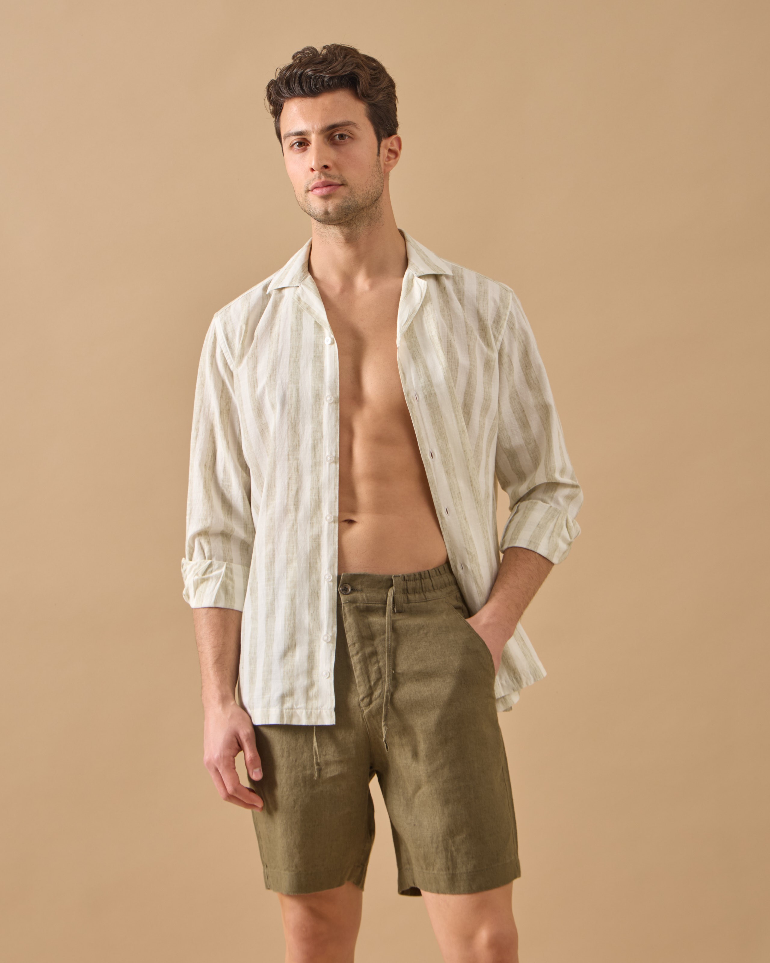 %100 Keten Lastikli Regular Fit Şort - Haki