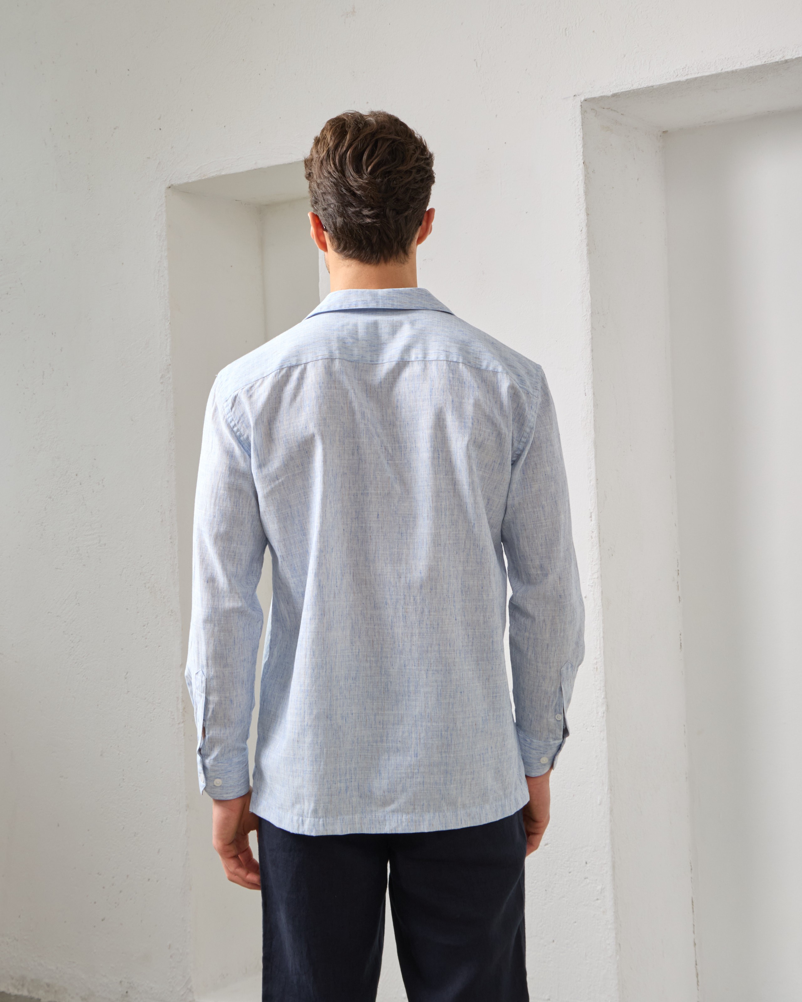 Çizgi Detaylı Relaxed Fit Keten Gömlek - mavi