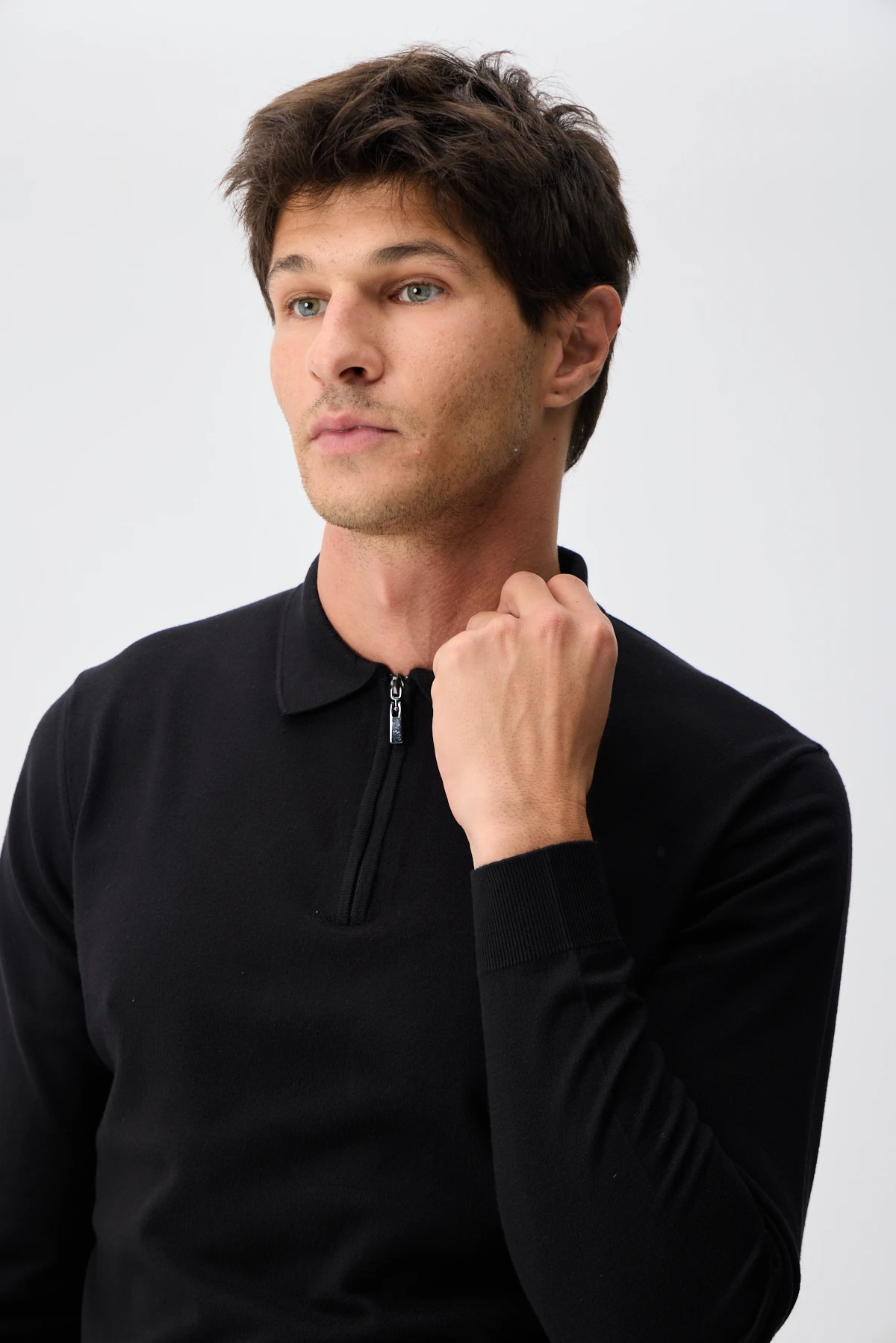 Kaşmir Karışımlı Fermuarlı Polo Yaka Triko - Siyah