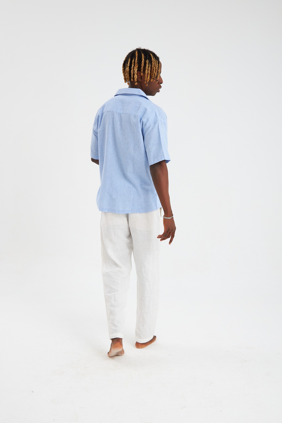 Piti Kare Casual Fit Oversize Keten Gömlek - Açık Mavi