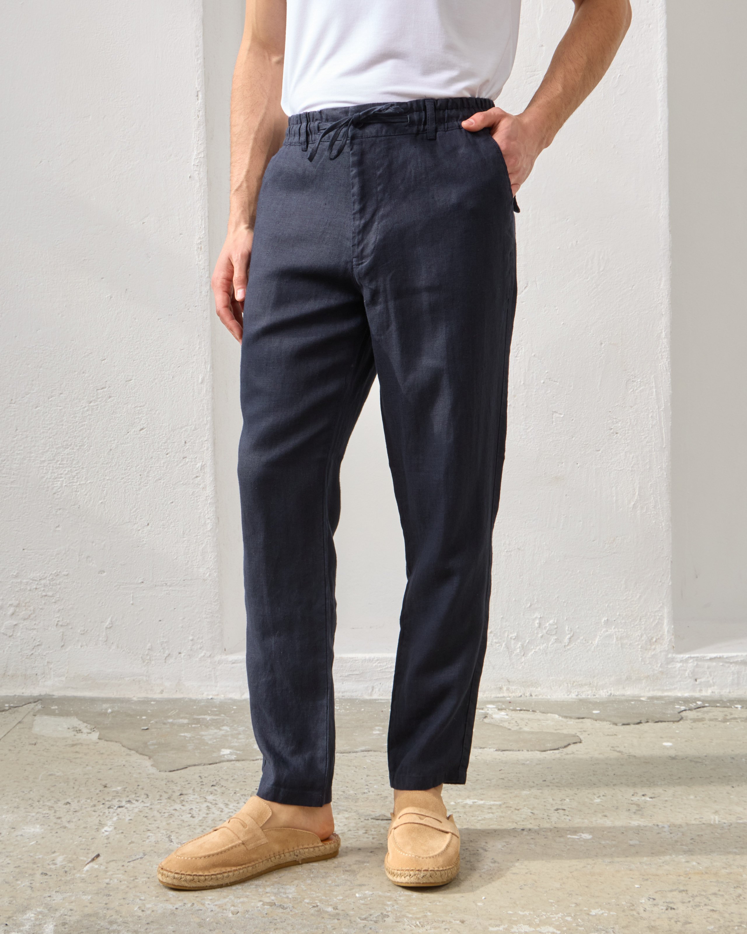 %100 Keten Lastikli Regular Fit Pantolon - Lacivert