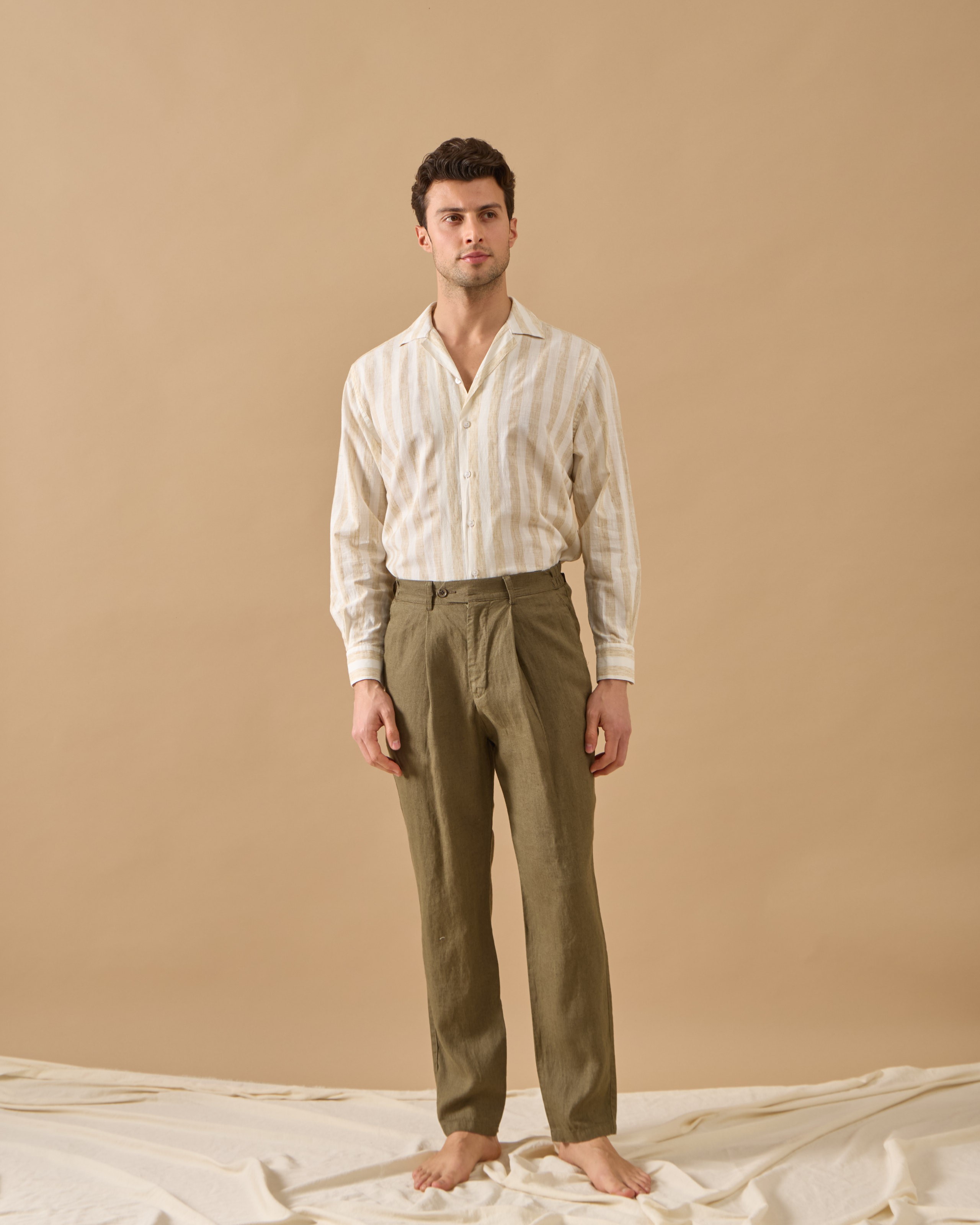 %100 Keten Pileli Regular Fit Pantolon - Haki
