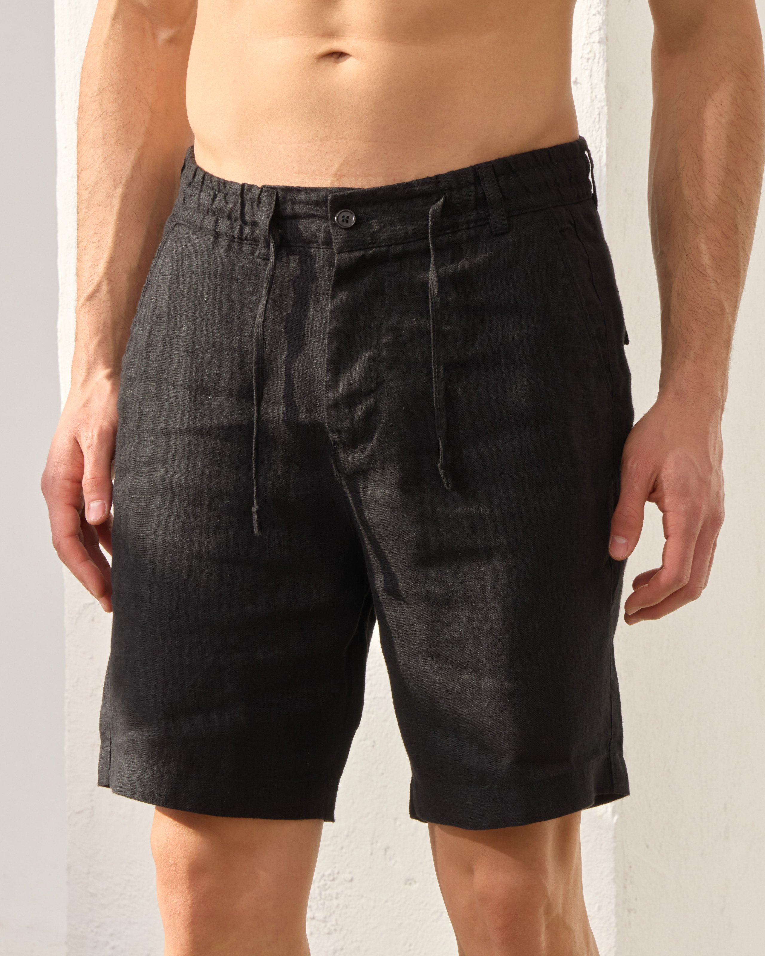 %100 Keten Lastikli Regular Fit Şort - Siyah