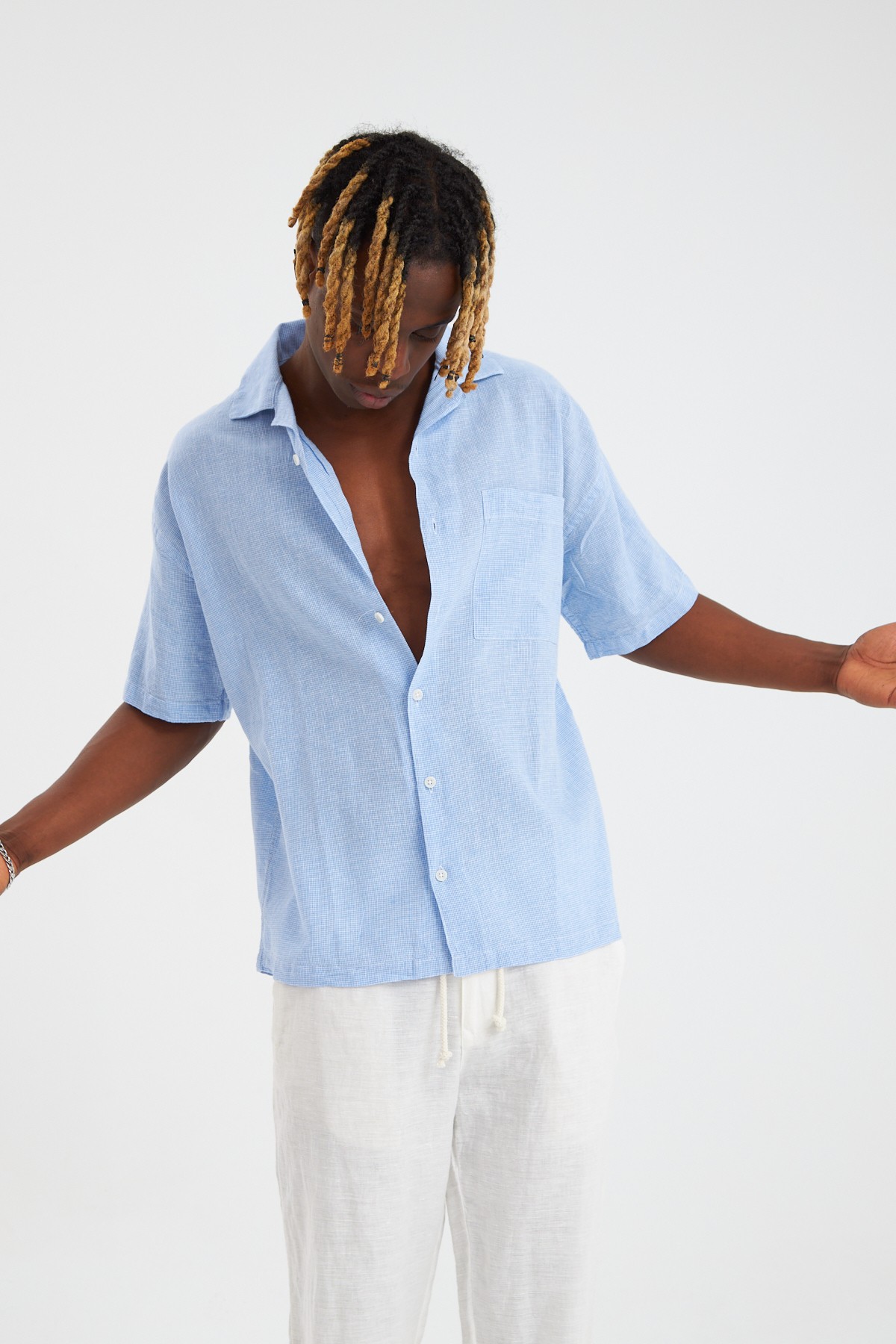 Piti Kare Casual Fit Oversize Keten Gömlek - Açık Mavi