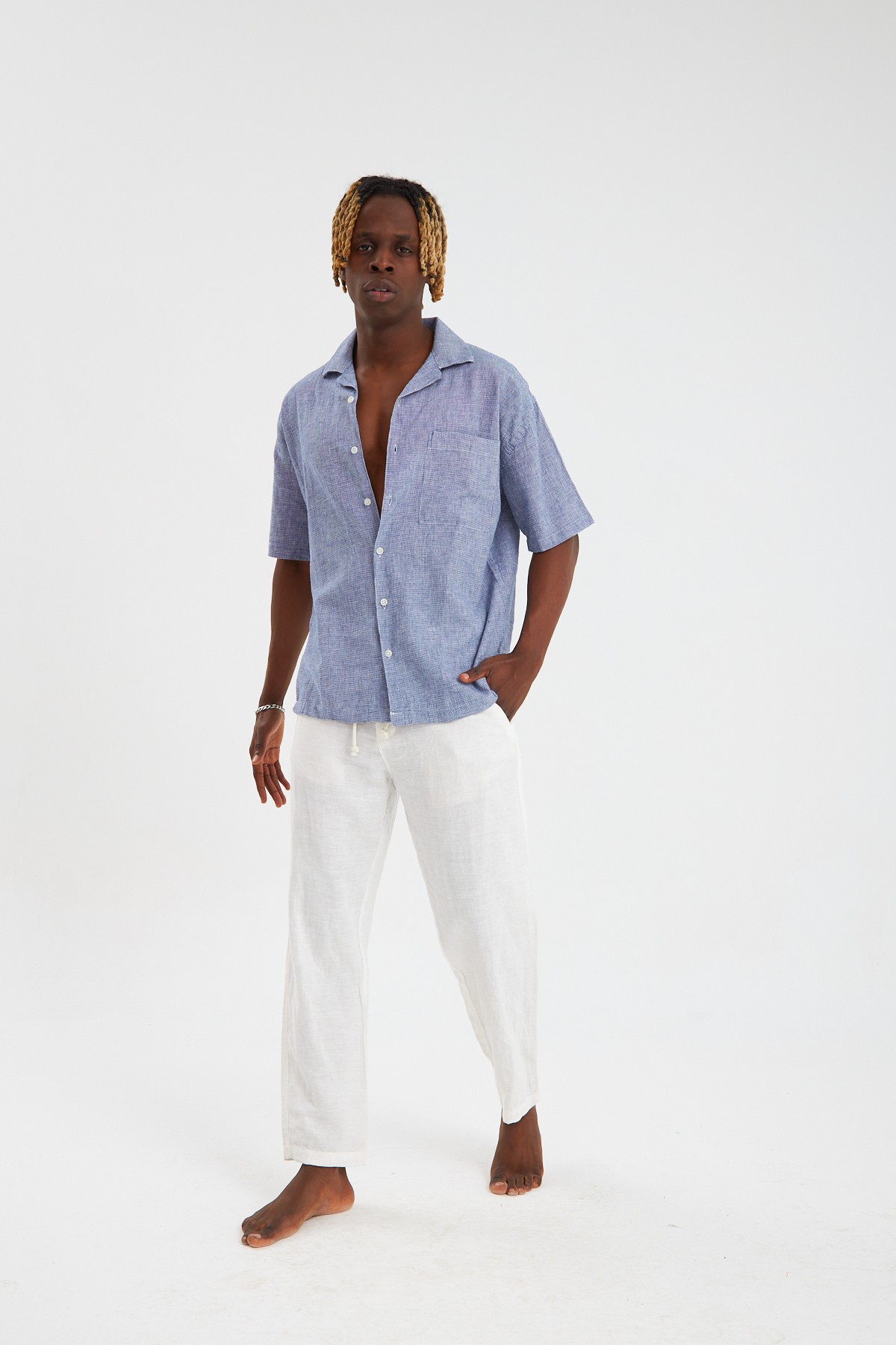 Piti Kare Casual Fit Oversize Keten Gömlek - Lacivert