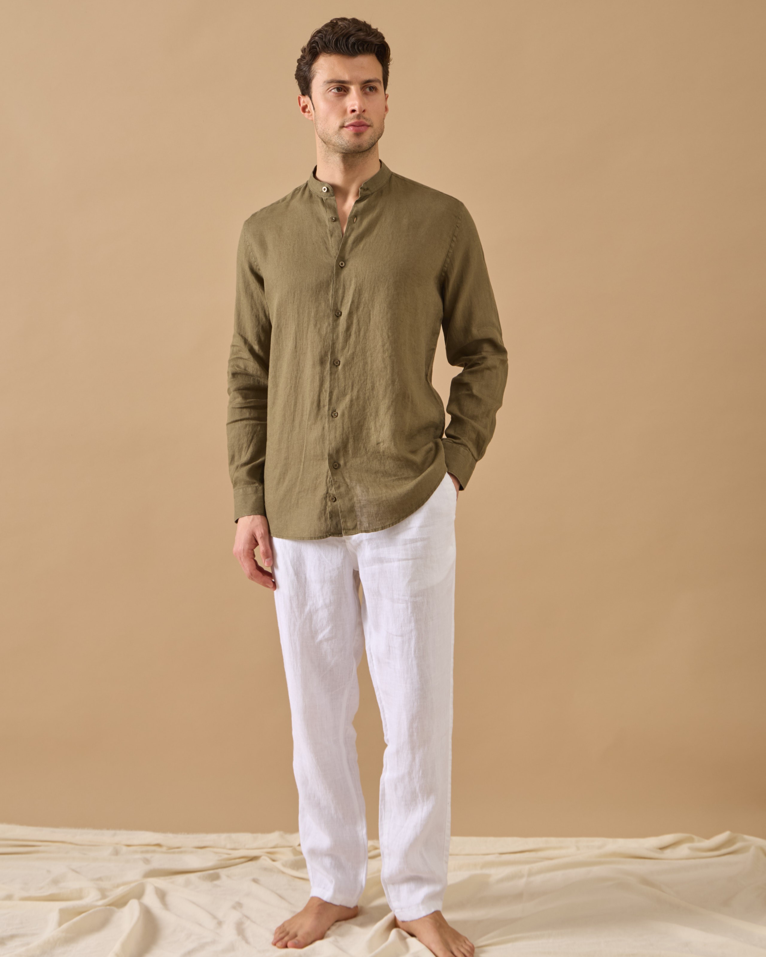 %100 Keten Lastikli Regular Fit Pantolon - Beyaz