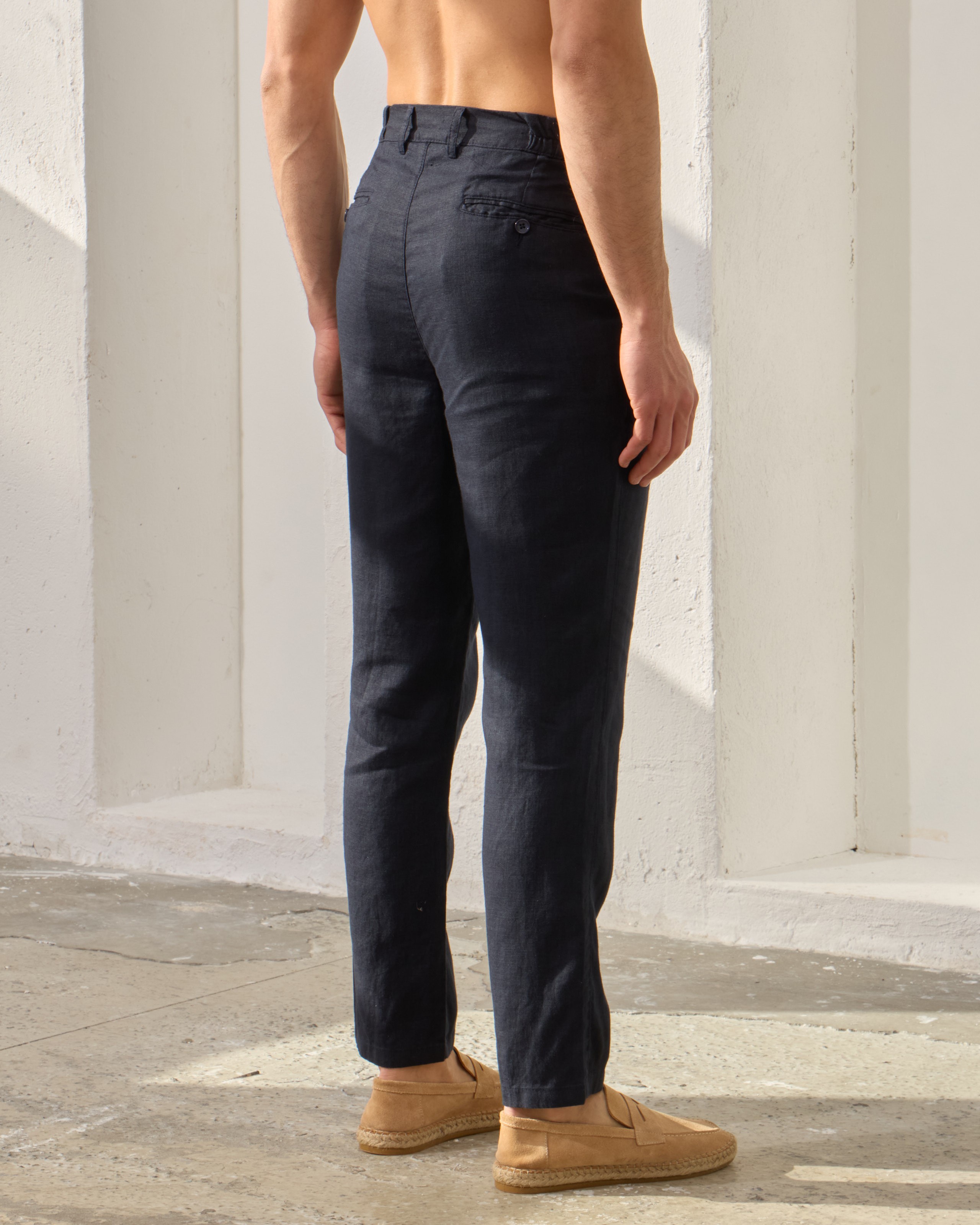 %100 Keten Pileli Regular Fit Pantolon - Lacivert
