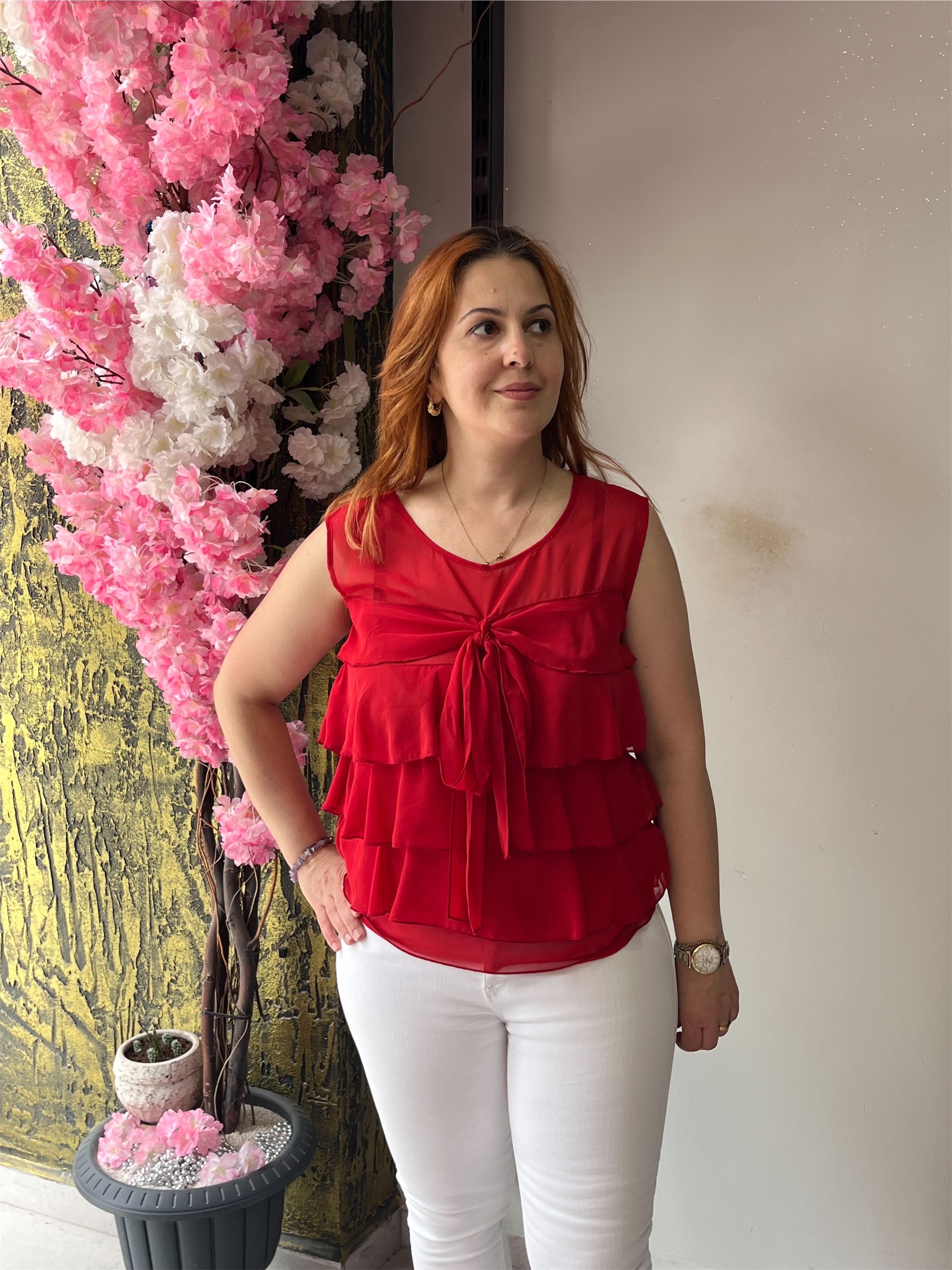 Katlı Fırfır Detaylı Şifon Kırmızı Bluz 