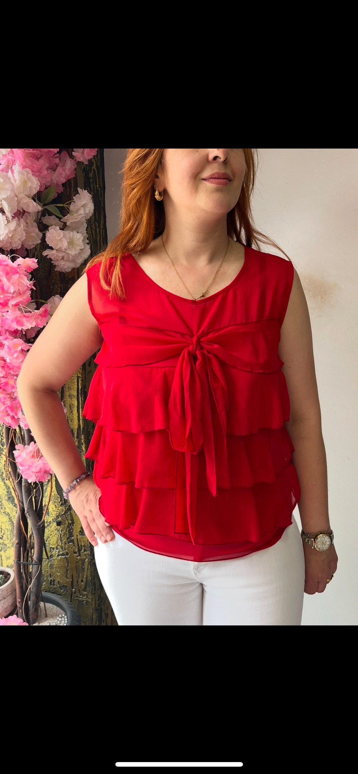 Katlı Fırfır Detaylı Şifon Kırmızı Bluz 