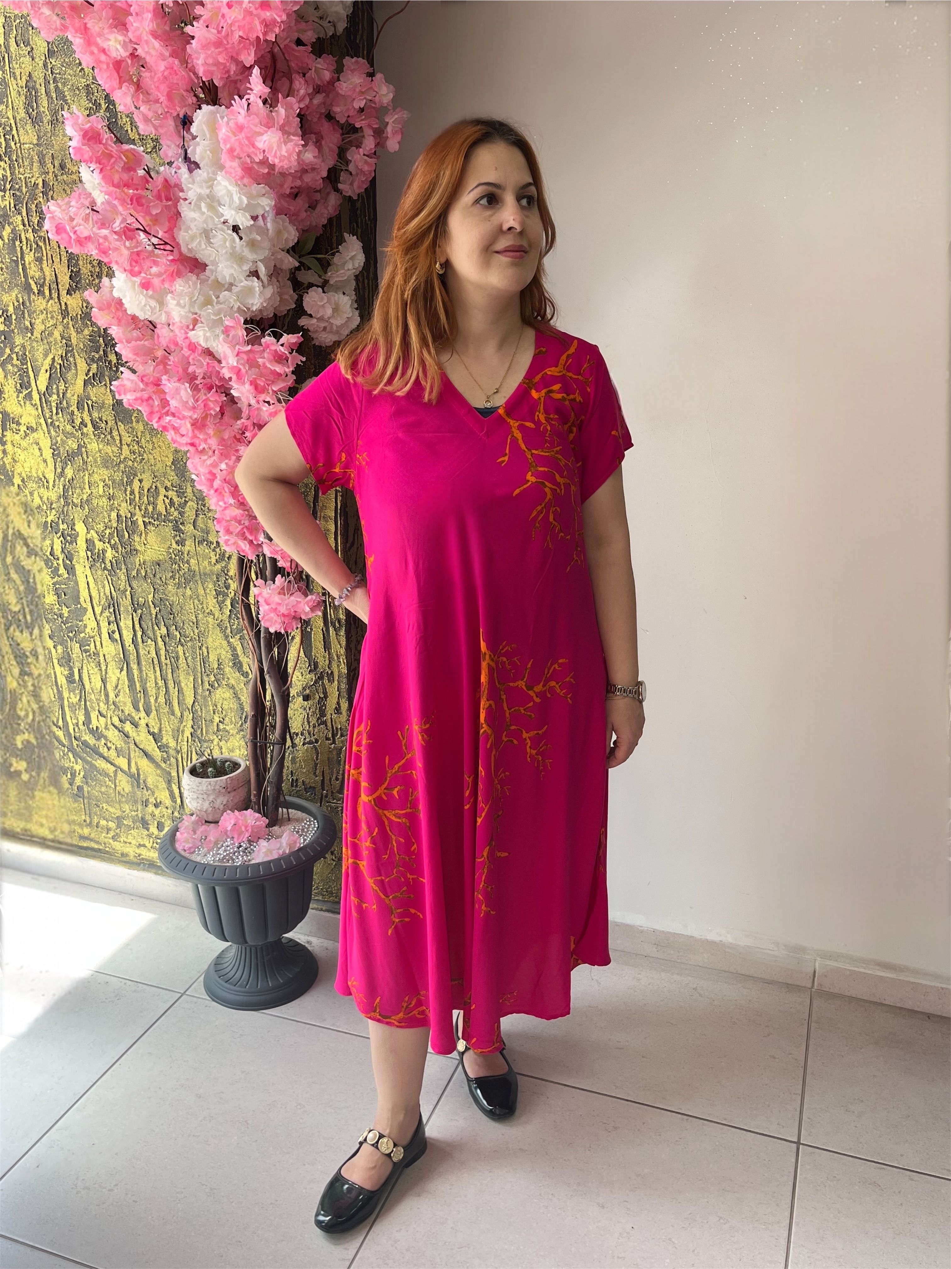 V Yaka Pamuk Keten Sihirli Elbise – Pembe