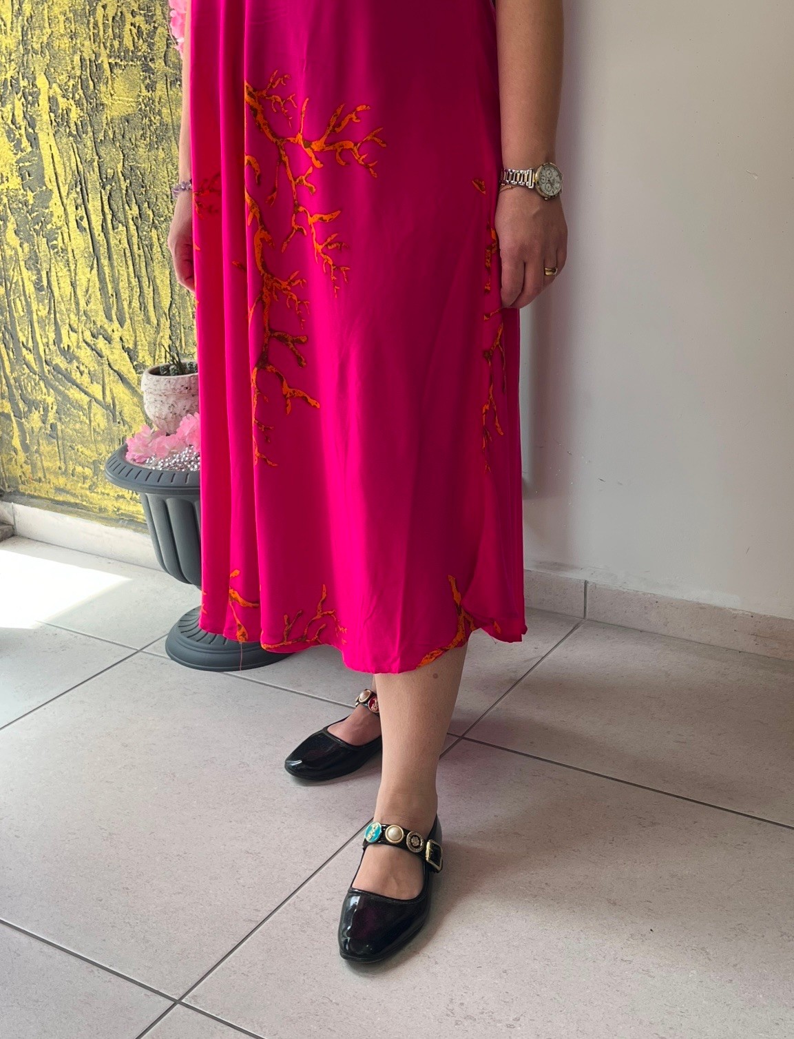 V Yaka Pamuk Keten Sihirli Elbise – Pembe