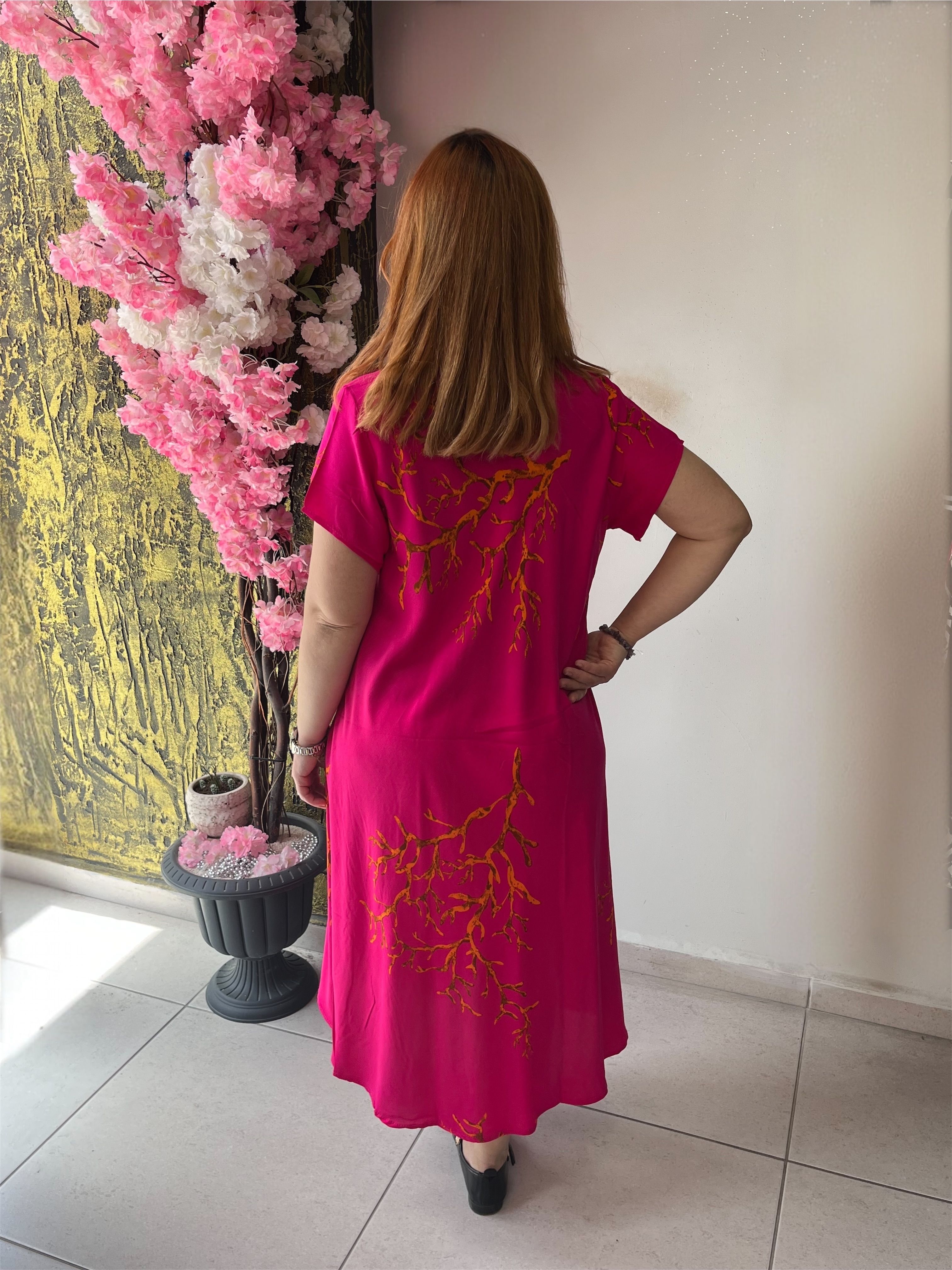 V Yaka Pamuk Keten Sihirli Elbise – Pembe