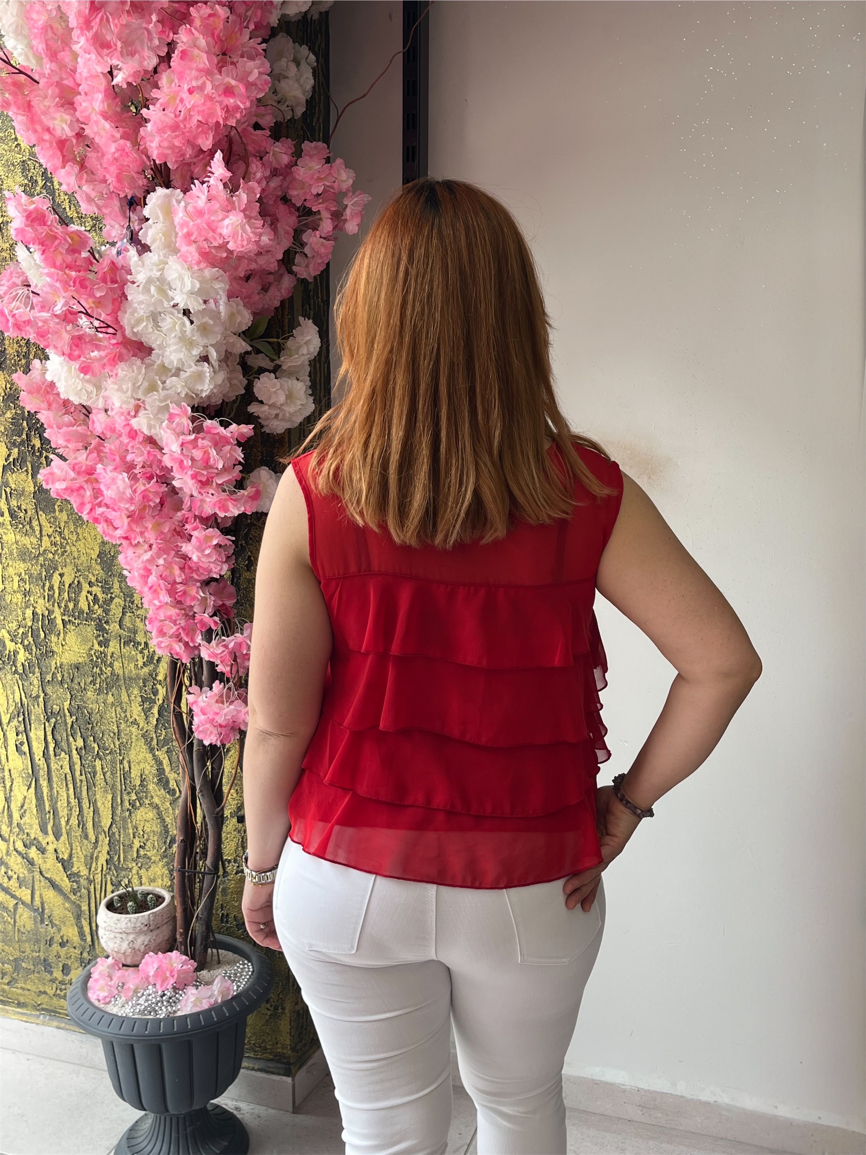 Katlı Fırfır Detaylı Şifon Kırmızı Bluz 