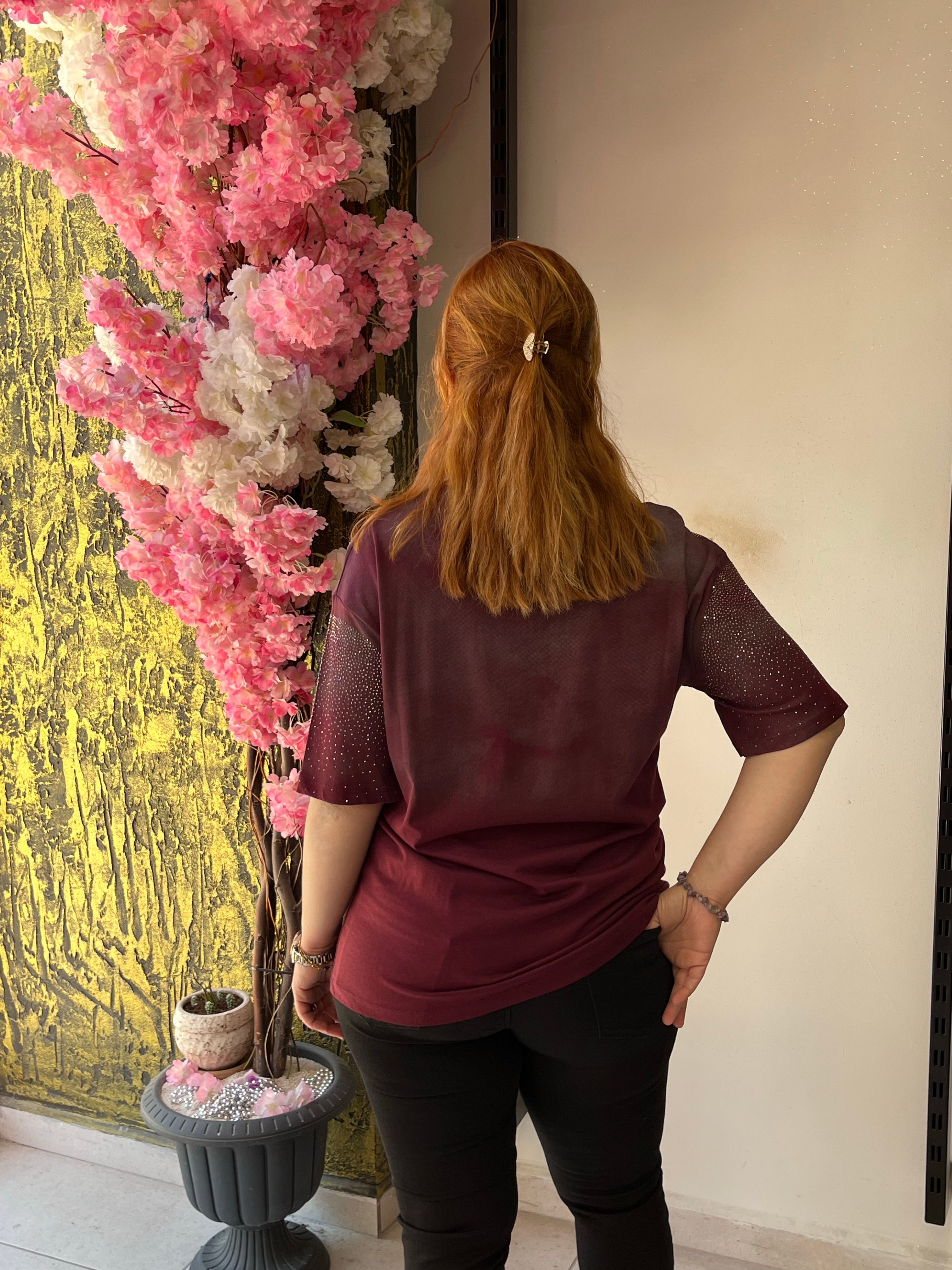 Pul Detaylı Tişört - Bordo 