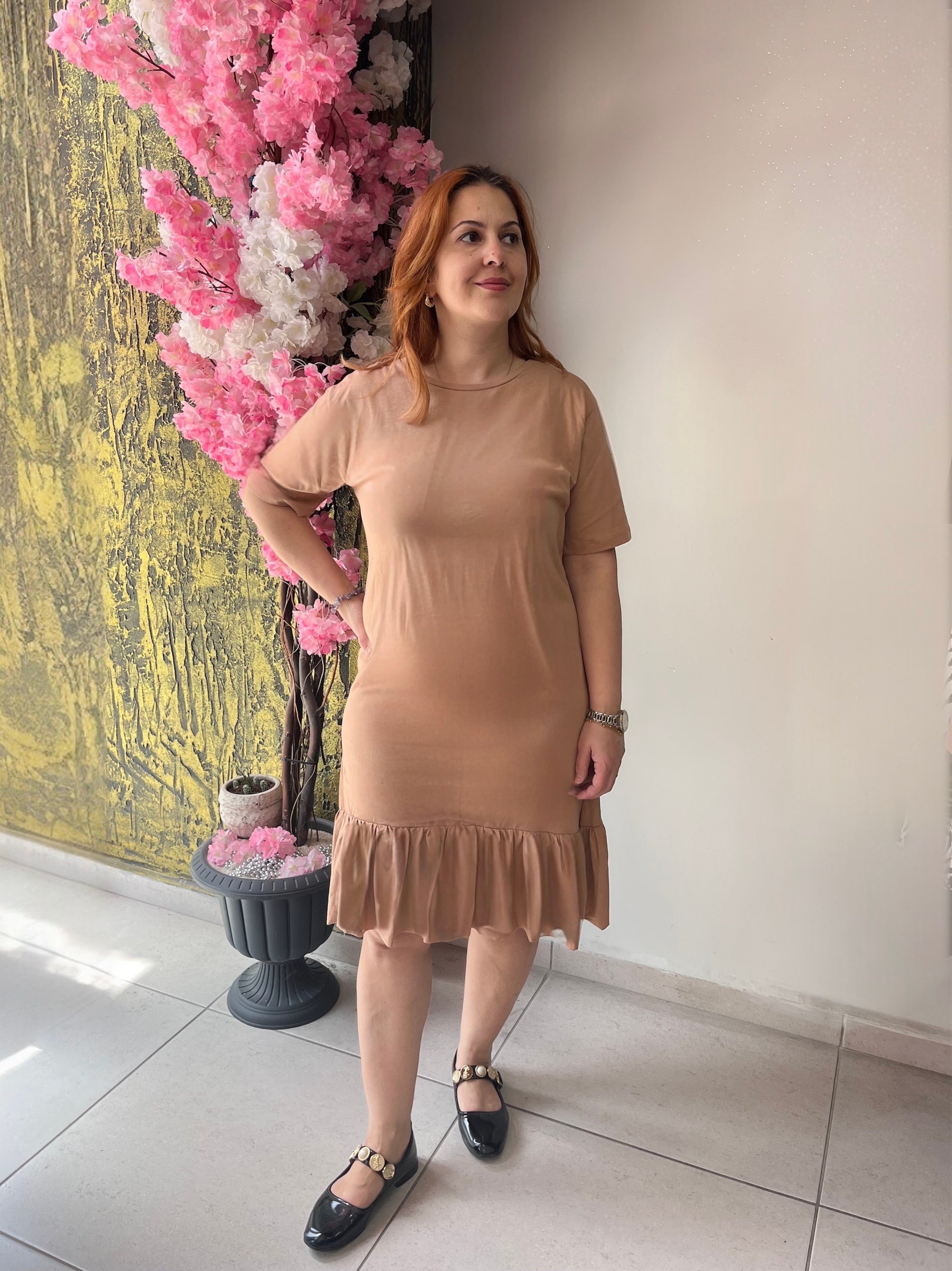 Penye Fırfır Detaylı Kısa Kollu Elbise