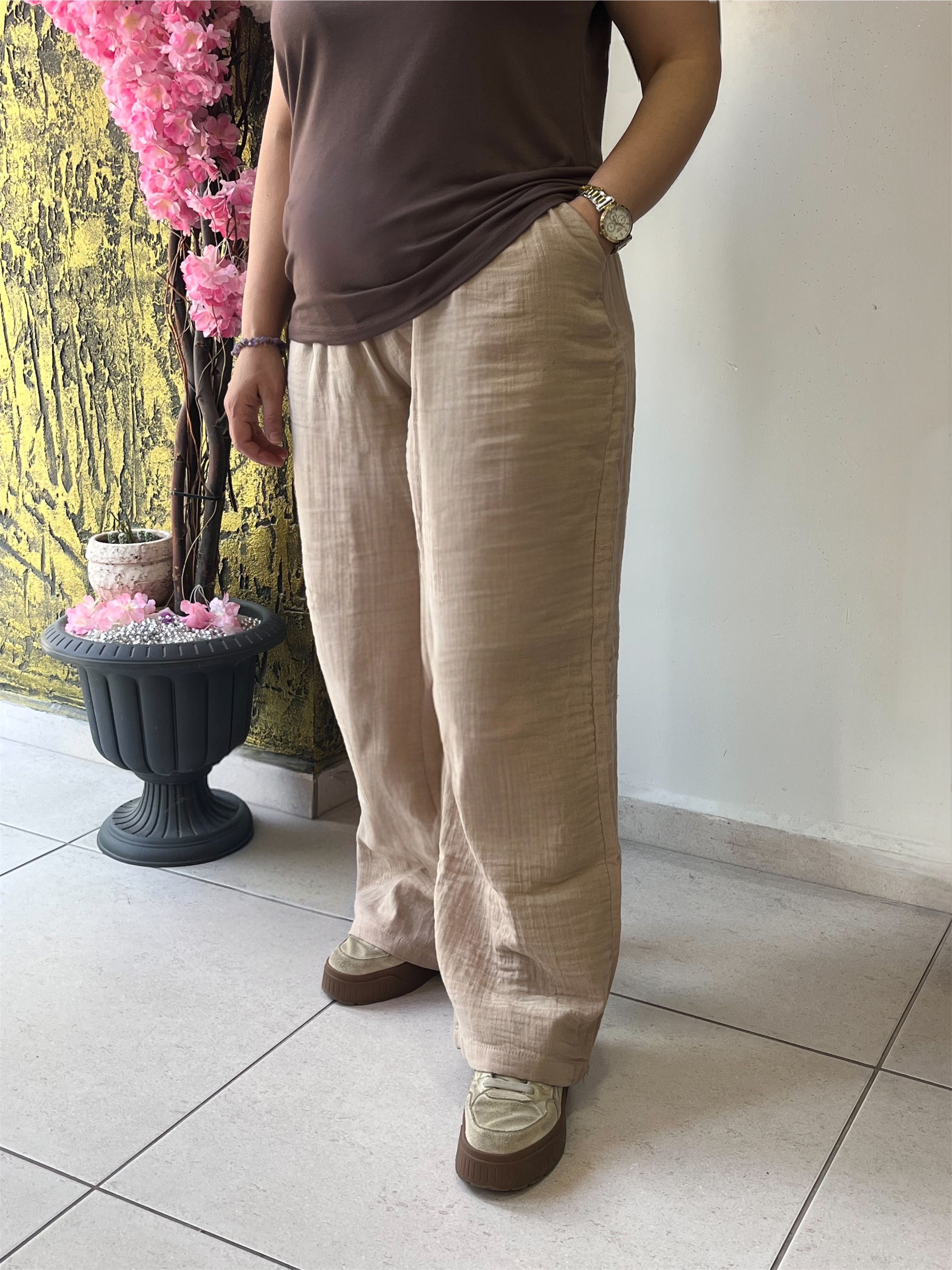 Müslin Beli Büzgülü Pantolon 