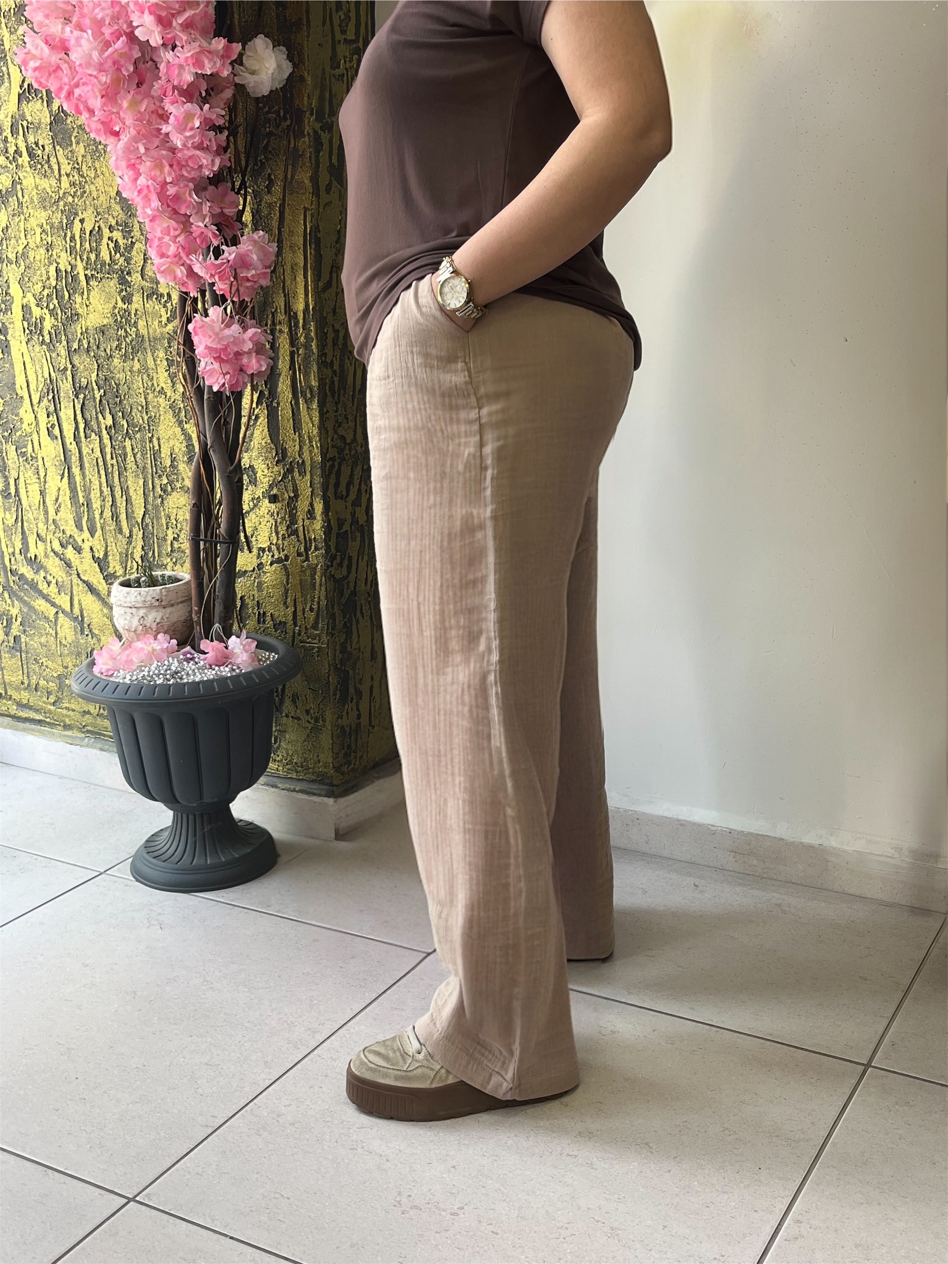 Müslin Beli Büzgülü Pantolon 