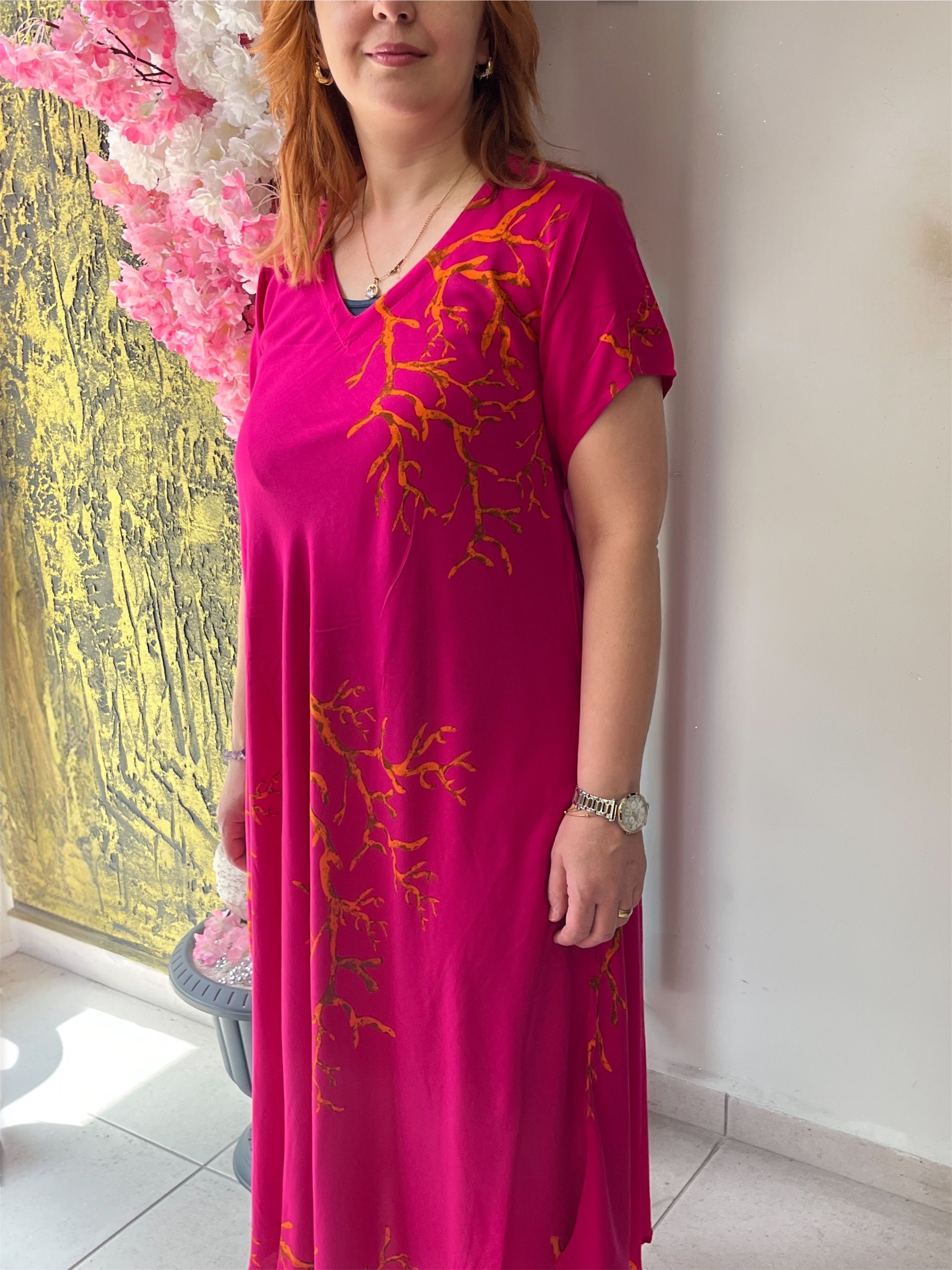 V Yaka Pamuk Keten Sihirli Elbise – Pembe