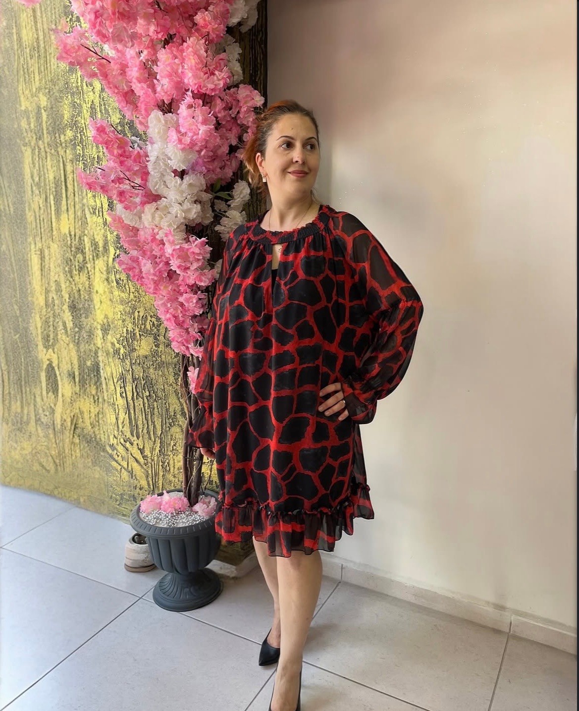 Desenli Şifon Kemer Detaylı Şık Elbise