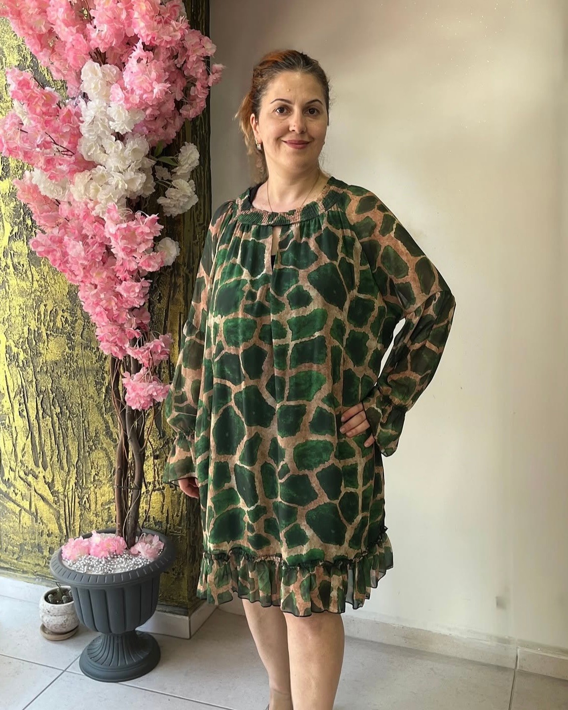 Desenli Şifon Kemer Detaylı Şık Elbise